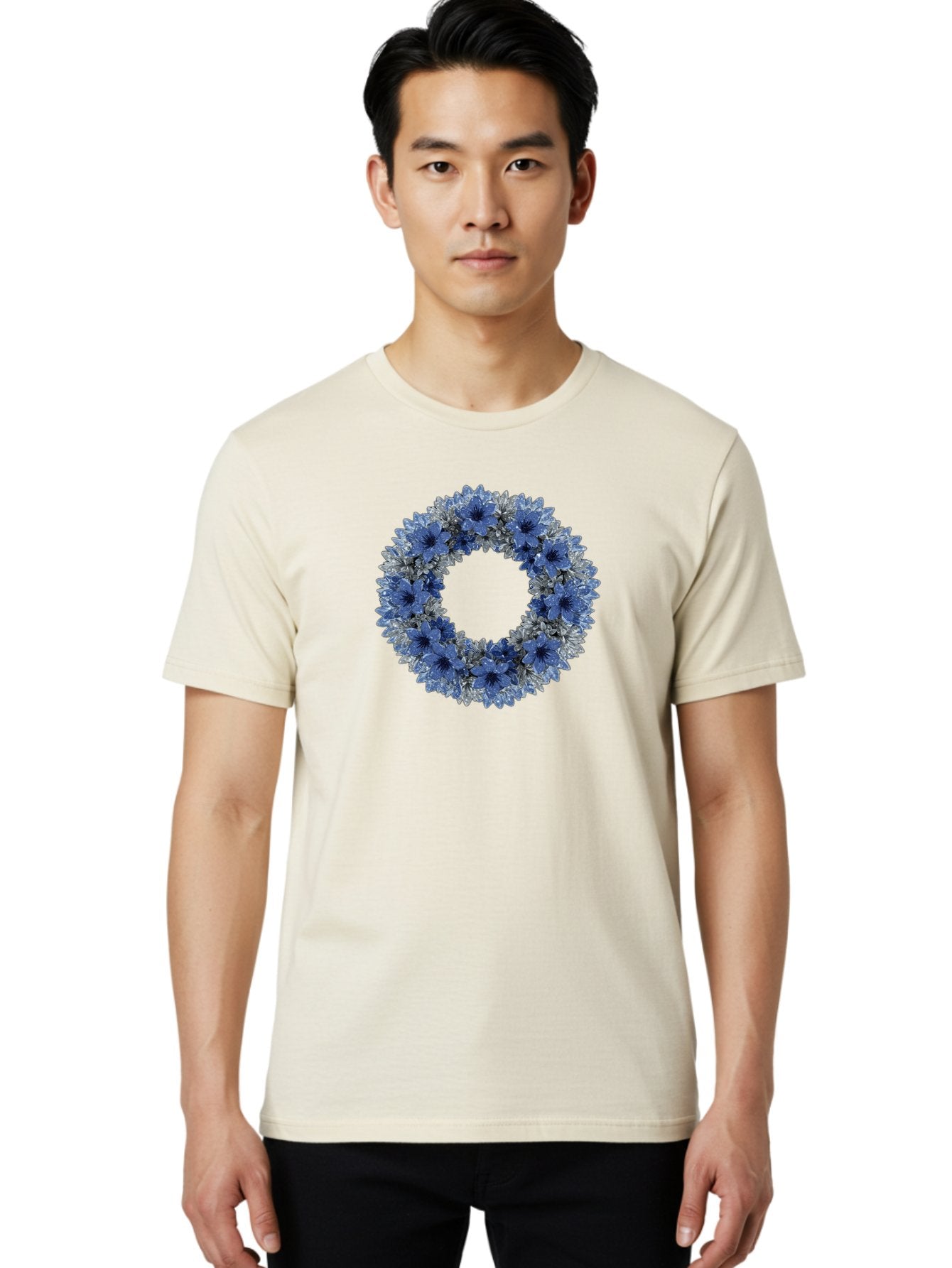 Blue-Flower-Wreath Men'S Graphic Tee, 100% Cotton, Comfortable Casual Summer Wear, Machine Washable, Vintage Camera, Old Camera, Antique Camera, Black Camera, Classic Photography, Photography Equipment, Nostalgic Device, Film Camera, Bah601 24