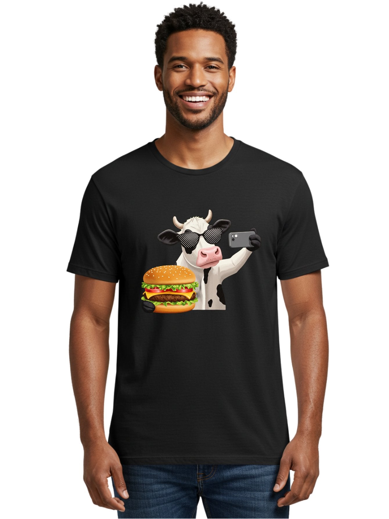 Cow-Taking-Selfie-With-Burger Men'S Graphic Tee, 100% Cotton, Comfortable Casual Summer Wear, Machine Washable, Vintage Camera, Old Camera, Antique Camera, Black Camera, Classic Photography, Photography Equipment, Nostalgic Device, Bah813 17