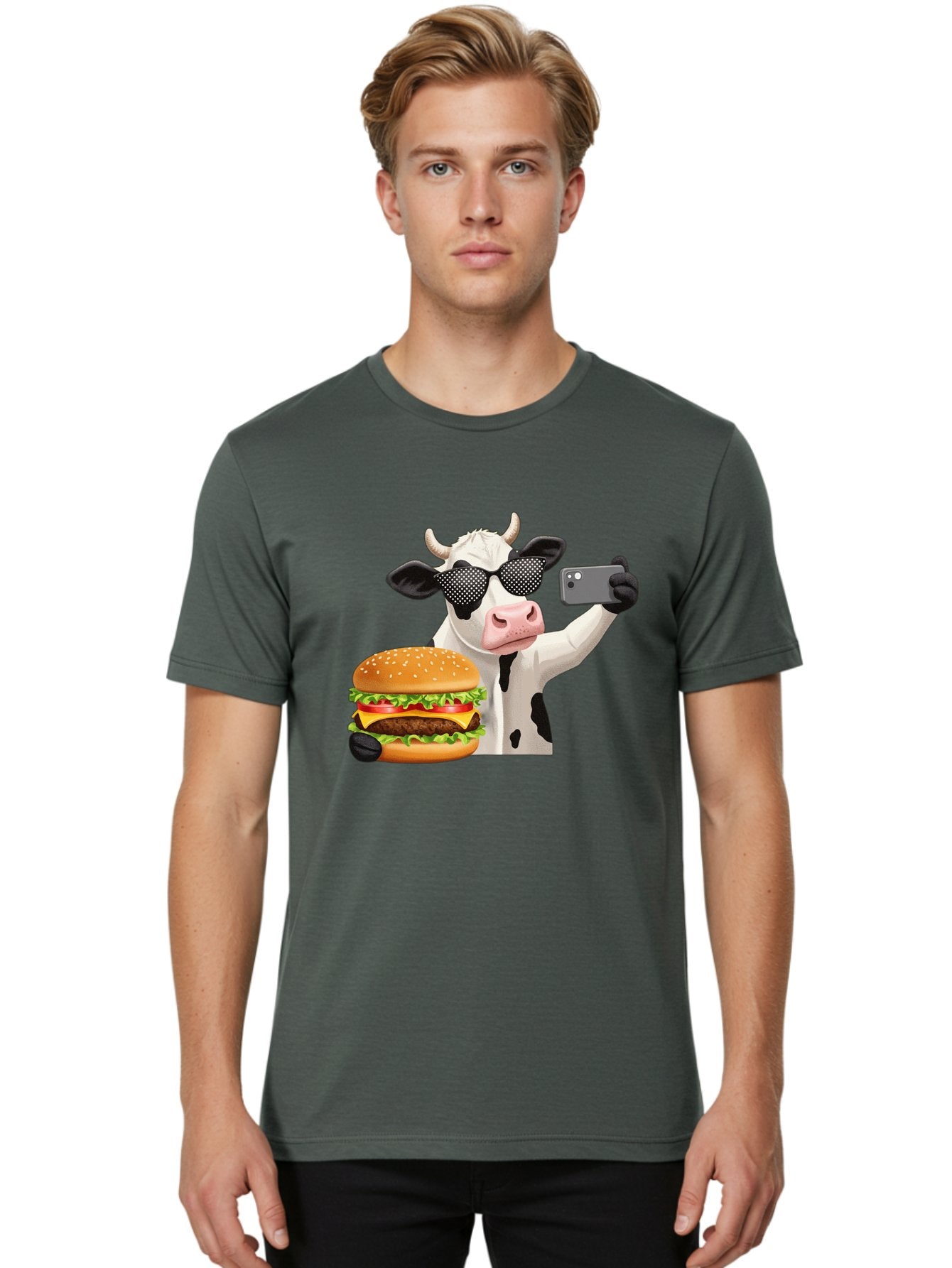 Cow-Taking-Selfie-With-Burger Men'S Graphic Tee, 100% Cotton, Comfortable Casual Summer Wear, Machine Washable, Vintage Camera, Old Camera, Antique Camera, Black Camera, Classic Photography, Photography Equipment, Nostalgic Device, Bah813 20