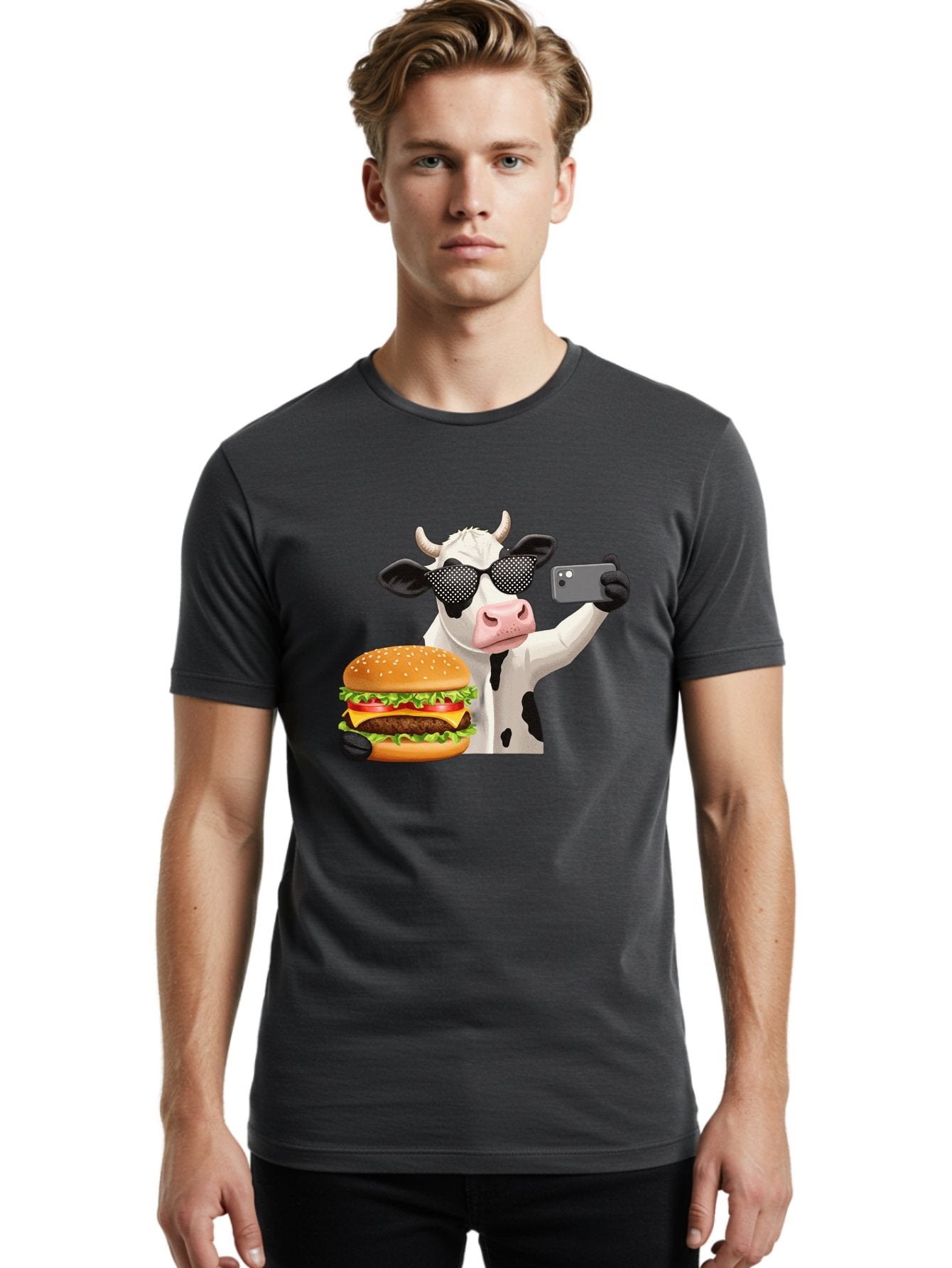 Cow-Taking-Selfie-With-Burger Men'S Graphic Tee, 100% Cotton, Comfortable Casual Summer Wear, Machine Washable, Vintage Camera, Old Camera, Antique Camera, Black Camera, Classic Photography, Photography Equipment, Nostalgic Device, Bah813 21