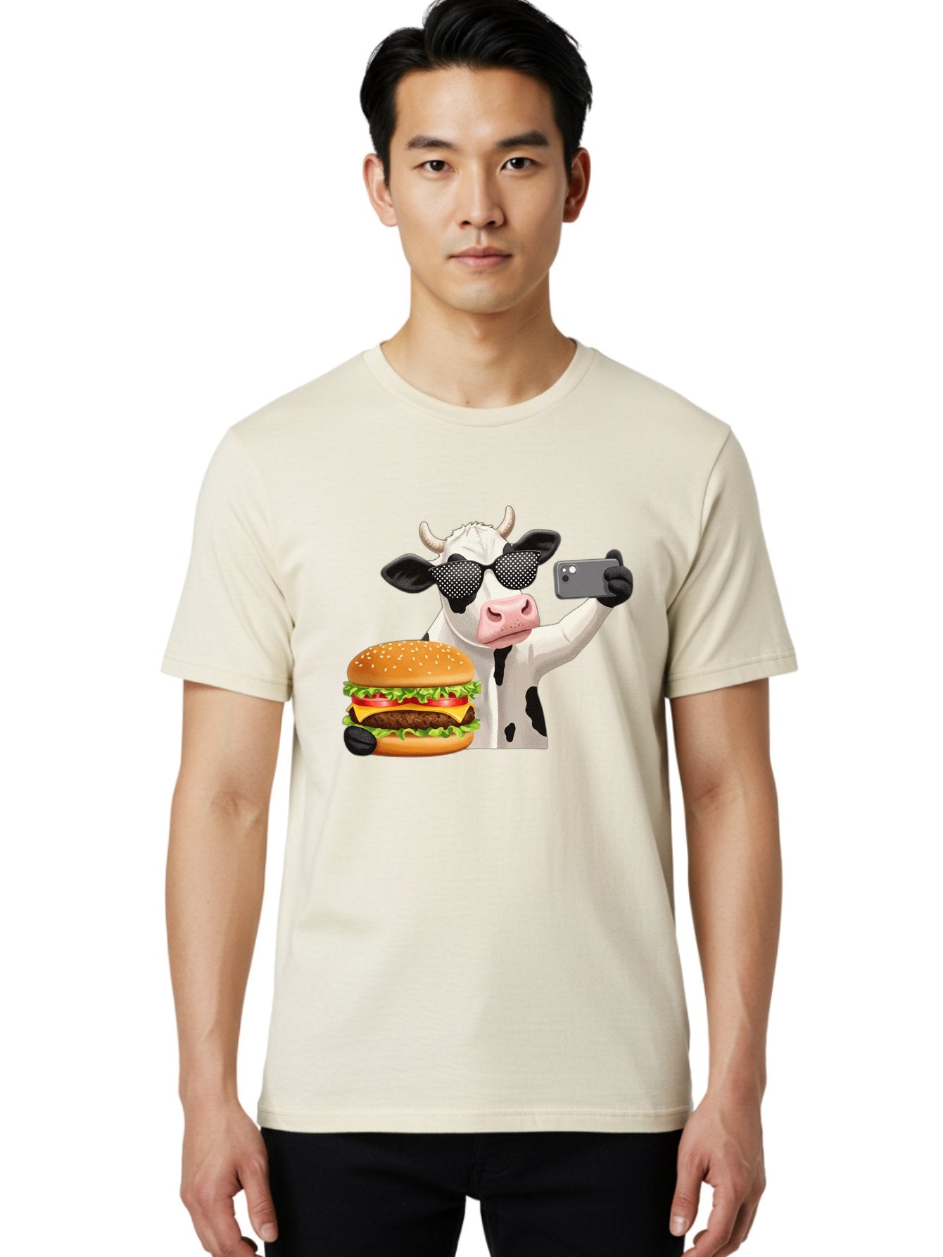 Cow-Taking-Selfie-With-Burger Men'S Graphic Tee, 100% Cotton, Comfortable Casual Summer Wear, Machine Washable, Vintage Camera, Old Camera, Antique Camera, Black Camera, Classic Photography, Photography Equipment, Nostalgic Device, Bah813 19