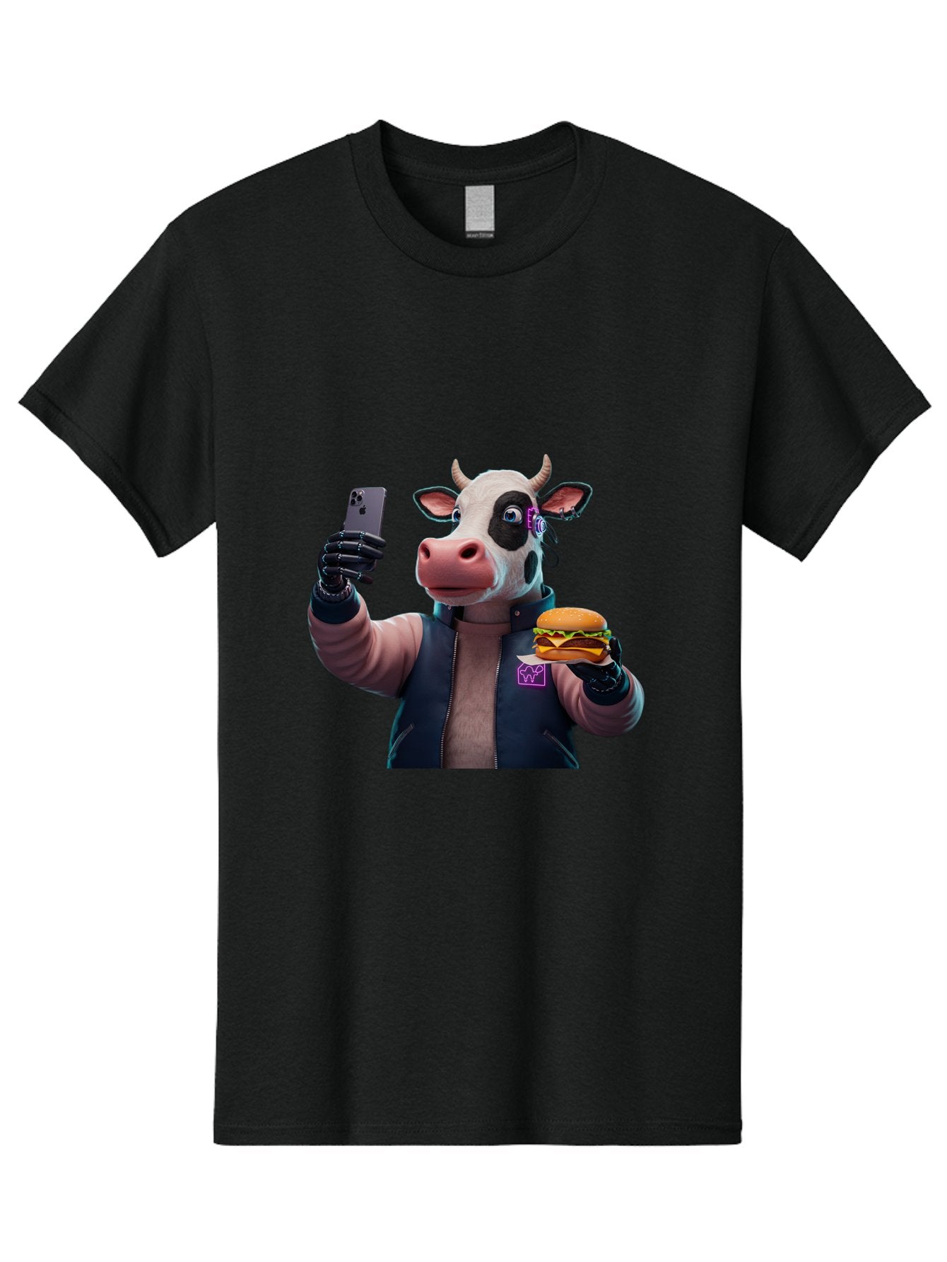 Cow-Wearing-Black-Vest-Holding-Cheeseburger-And-Iphone Men'S Graphic Tee, 100% Cotton, Comfortable Casual Summer Wear, Machine Washable, Vintage Camera, Old Camera, Antique Camera, Black Camera, Classic Photography, Photography Equipment, Bah816