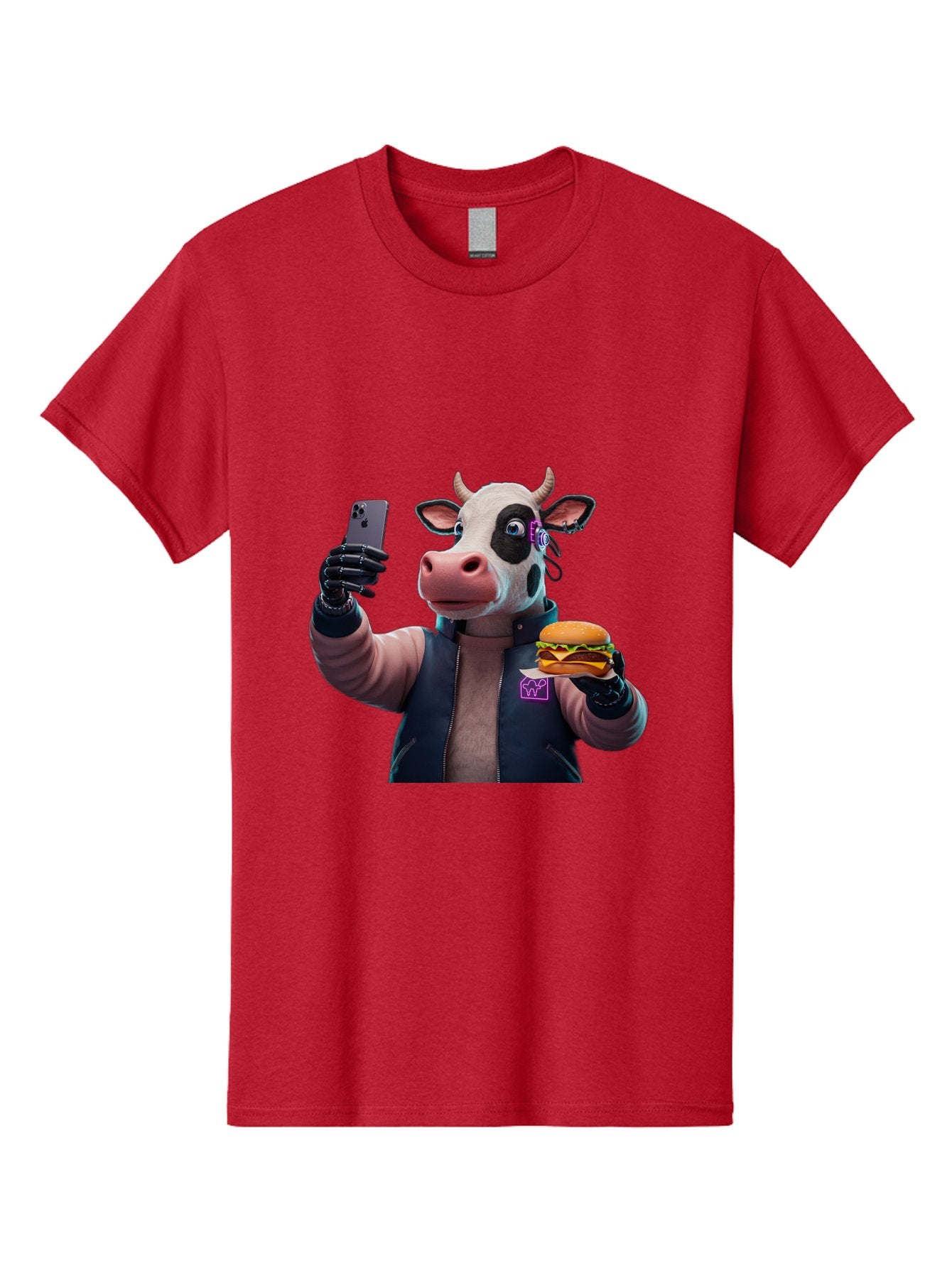 Cow-Wearing-Black-Vest-Holding-Cheeseburger-And-Iphone Men'S Graphic Tee, 100% Cotton, Comfortable Casual Summer Wear, Machine Washable, Vintage Camera, Old Camera, Antique Camera, Black Camera, Classic Photography, Photography Equipment, Bah816