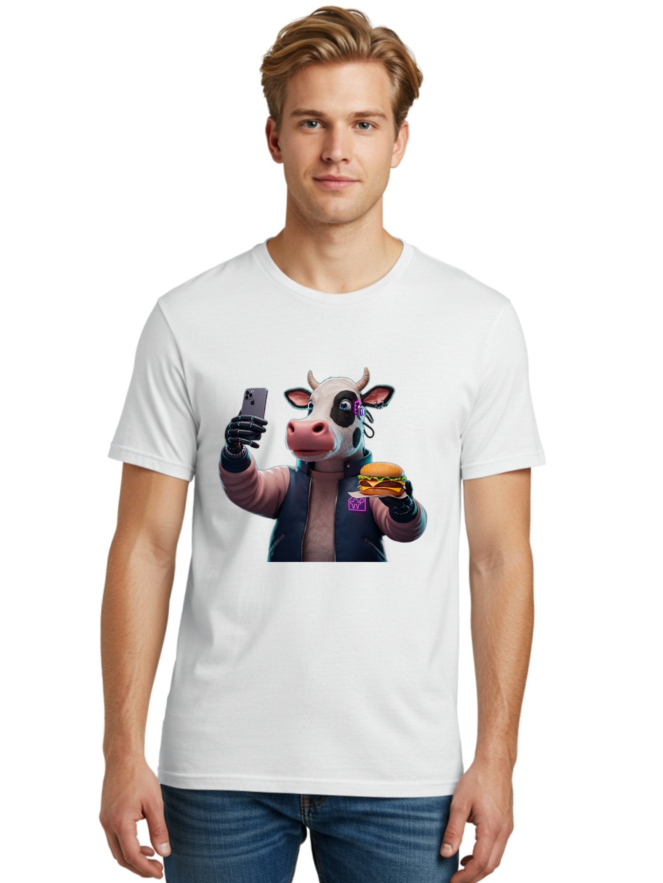 Cow-Wearing-Black-Vest-Holding-Cheeseburger-And-Iphone Men'S Graphic Tee, 100% Cotton, Comfortable Casual Summer Wear, Machine Washable, Vintage Camera, Old Camera, Antique Camera, Black Camera, Classic Photography, Photography Equipment, Bah816 24