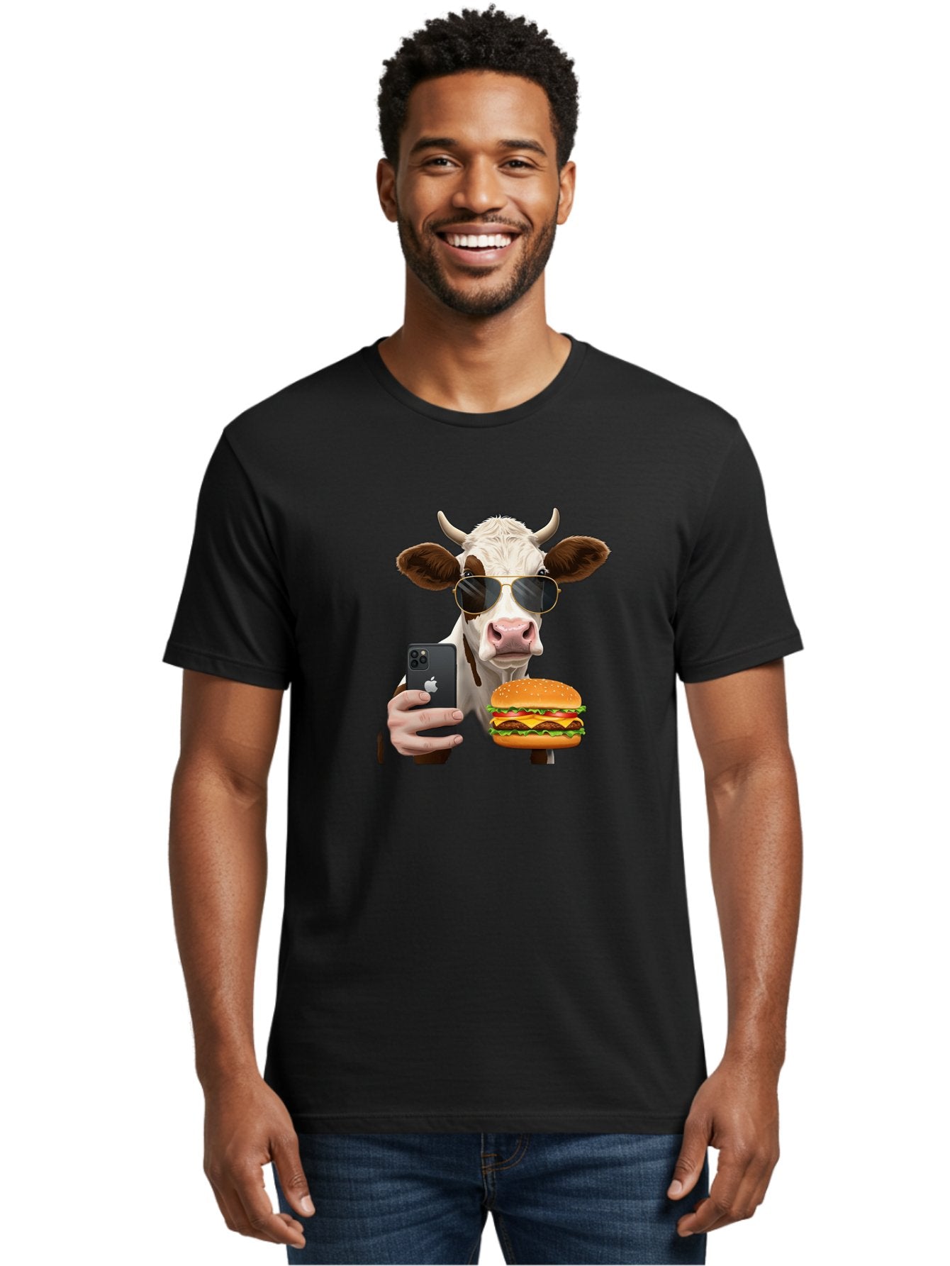 Cow-With-Iphone-And-Burger Men'S Graphic Tee, 100% Cotton, Comfortable Casual Summer Wear, Machine Washable, Vintage Camera, Old Camera, Antique Camera, Black Camera, Classic Photography, Photography Equipment, Nostalgic Device, Film Camera, Bah822 23