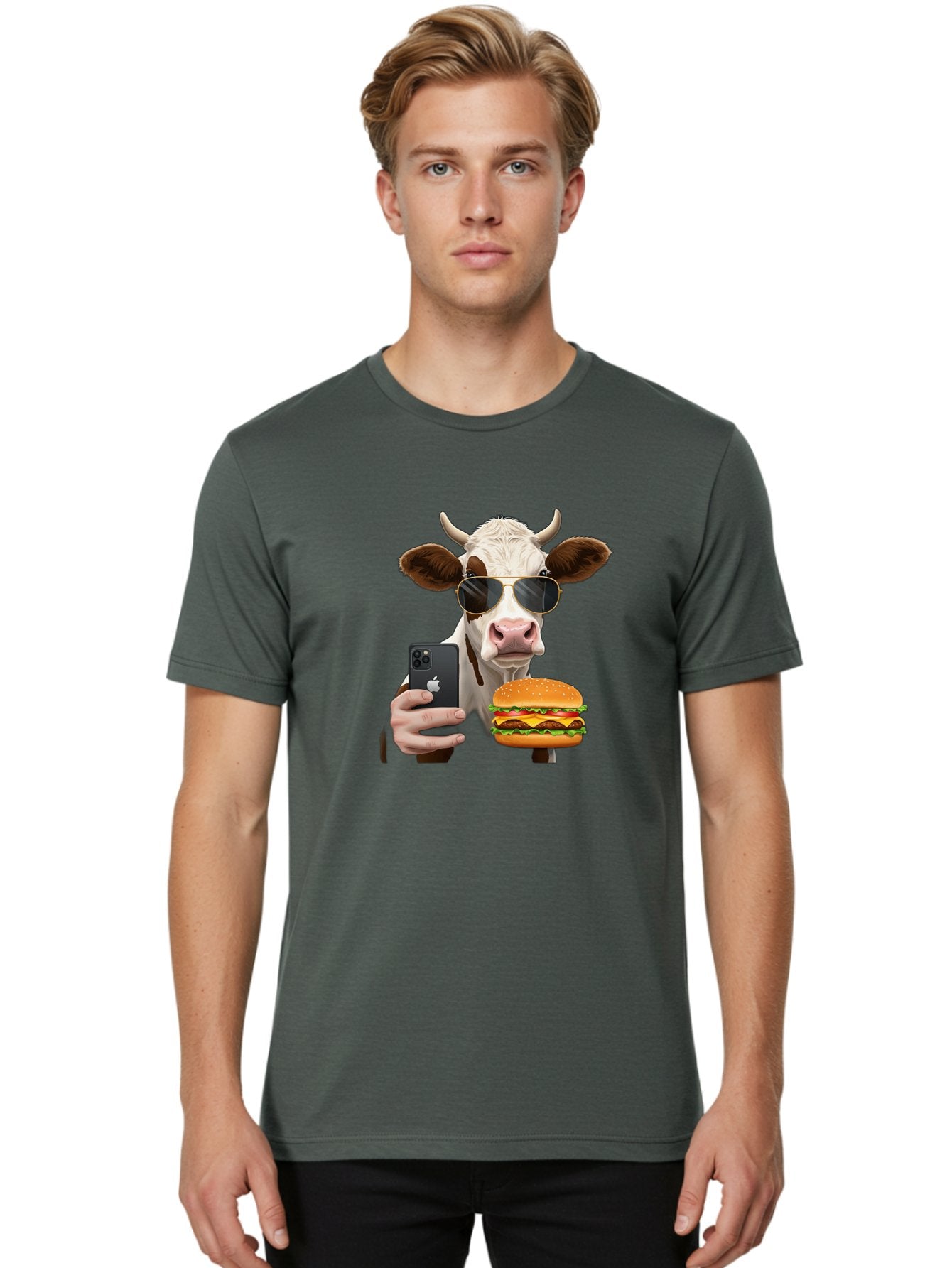 Cow-With-Iphone-And-Burger Men'S Graphic Tee, 100% Cotton, Comfortable Casual Summer Wear, Machine Washable, Vintage Camera, Old Camera, Antique Camera, Black Camera, Classic Photography, Photography Equipment, Nostalgic Device, Film Camera, Bah822 19