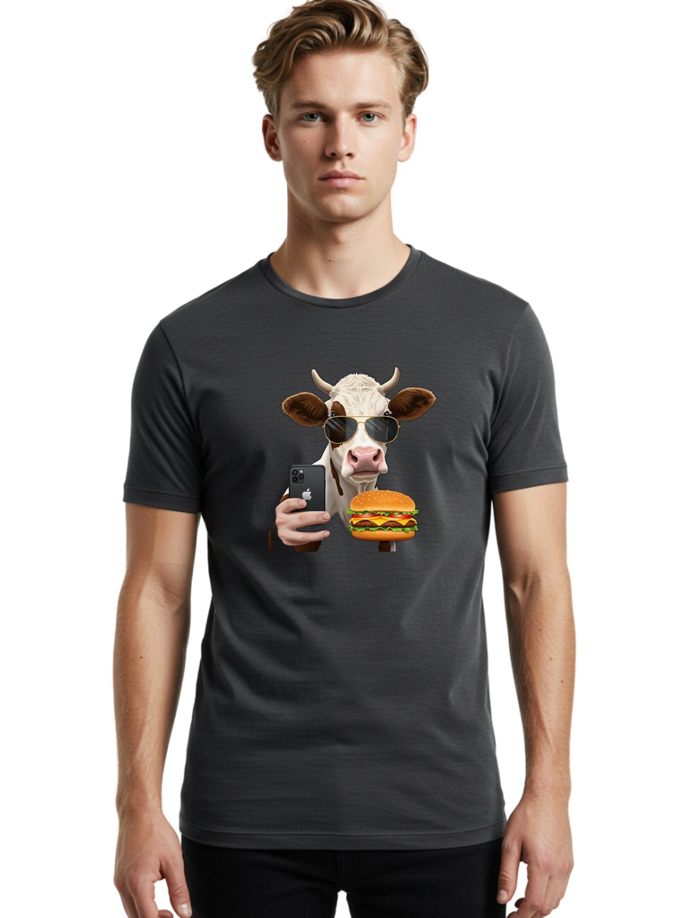 Cow-With-Iphone-And-Burger Men'S Graphic Tee, 100% Cotton, Comfortable Casual Summer Wear, Machine Washable, Vintage Camera, Old Camera, Antique Camera, Black Camera, Classic Photography, Photography Equipment, Nostalgic Device, Film Camera, Bah822 21