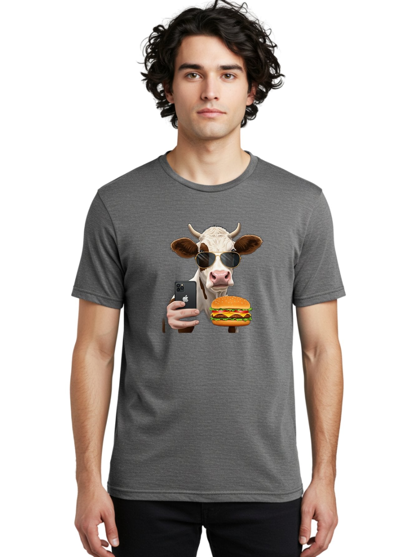 Cow-With-Iphone-And-Burger Men'S Graphic Tee, 100% Cotton, Comfortable Casual Summer Wear, Machine Washable, Vintage Camera, Old Camera, Antique Camera, Black Camera, Classic Photography, Photography Equipment, Nostalgic Device, Film Camera, Bah822 30