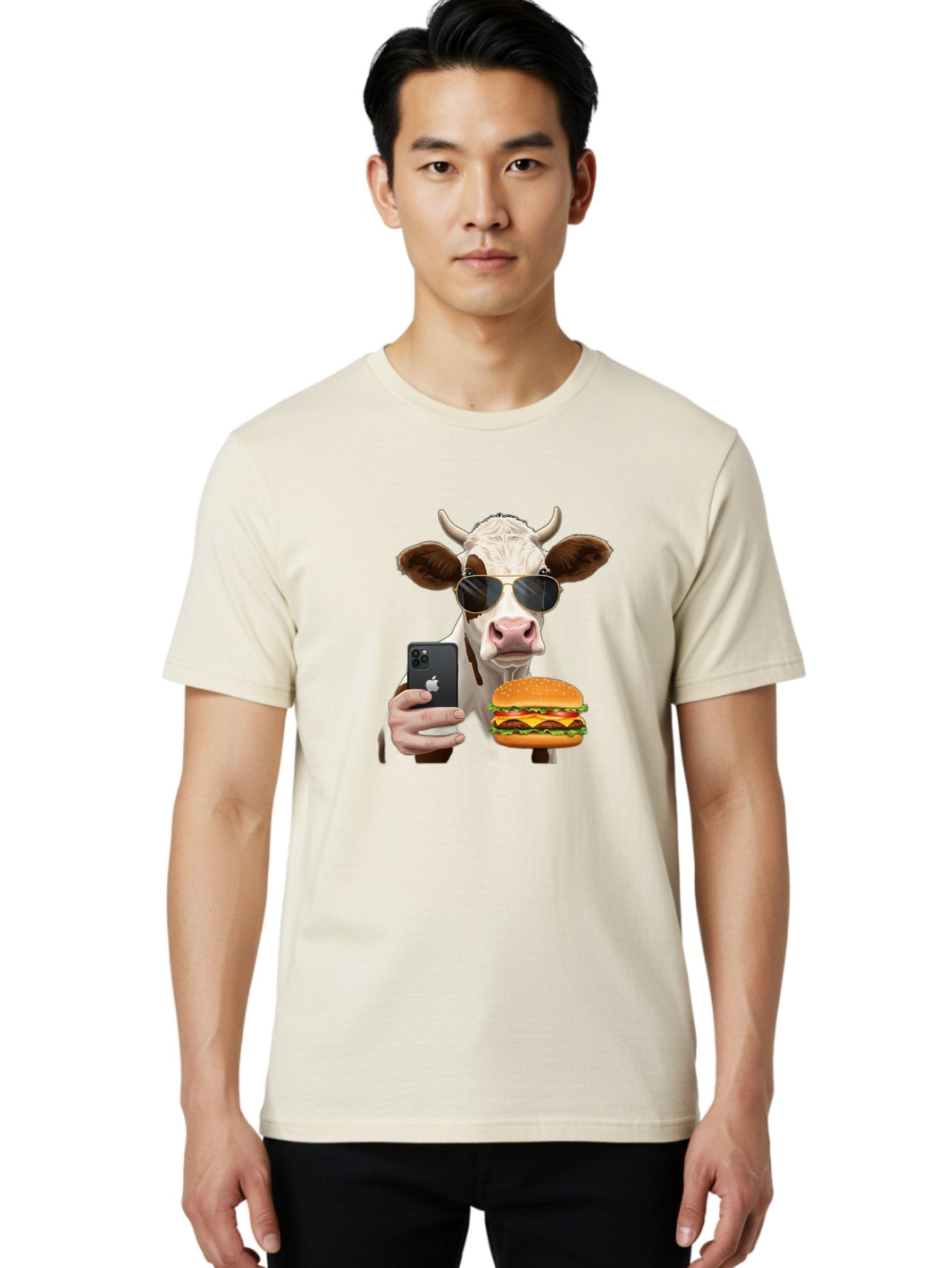 Cow-With-Iphone-And-Burger Men'S Graphic Tee, 100% Cotton, Comfortable Casual Summer Wear, Machine Washable, Vintage Camera, Old Camera, Antique Camera, Black Camera, Classic Photography, Photography Equipment, Nostalgic Device, Film Camera, Bah822 18