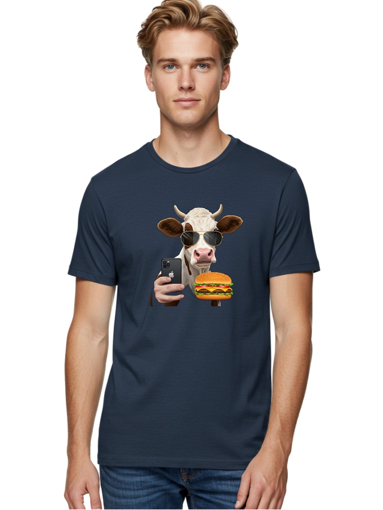 Cow-With-Iphone-And-Burger Men'S Graphic Tee, 100% Cotton, Comfortable Casual Summer Wear, Machine Washable, Vintage Camera, Old Camera, Antique Camera, Black Camera, Classic Photography, Photography Equipment, Nostalgic Device, Film Camera, Bah822 17