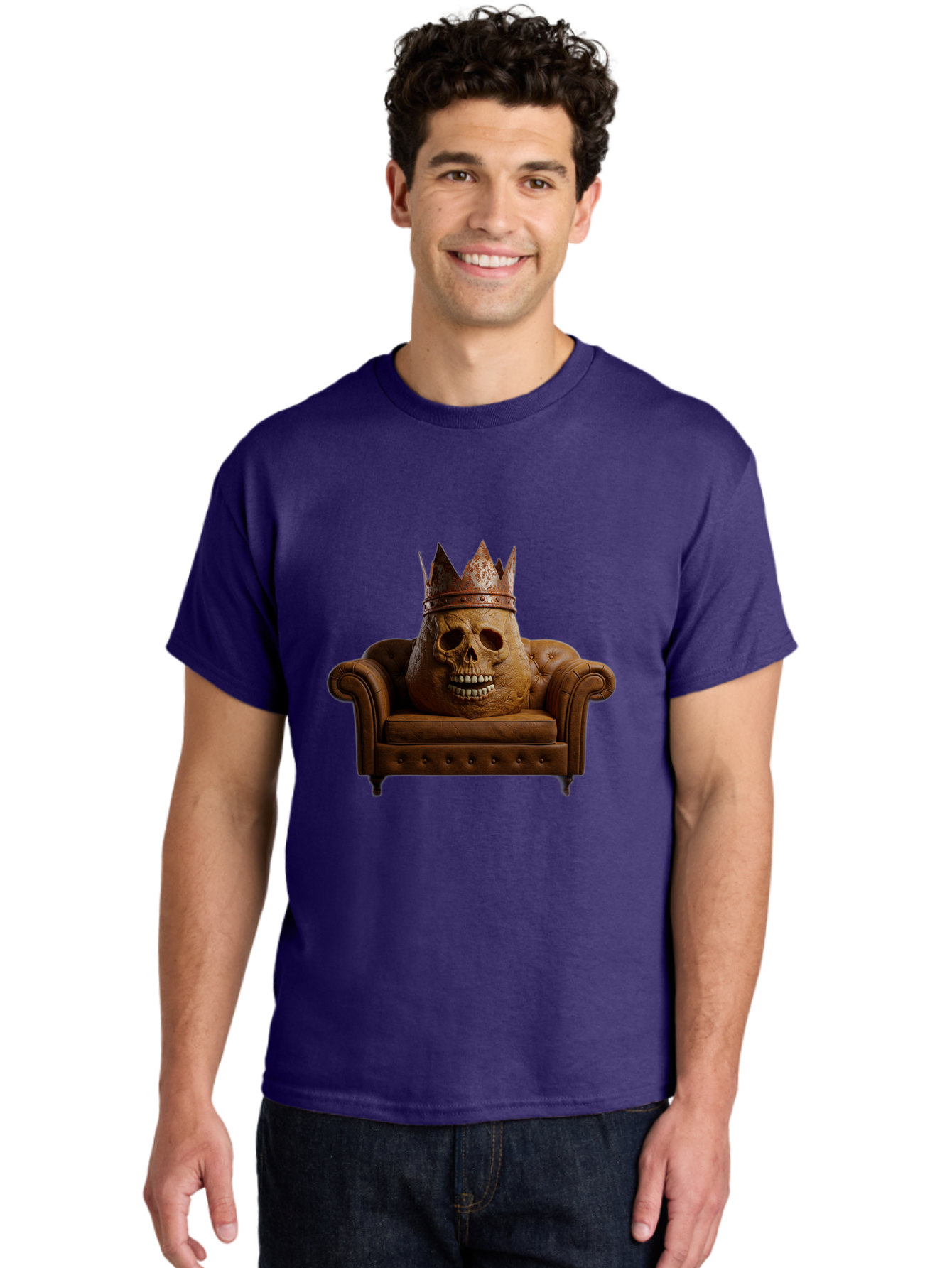 Crowned-Skull-On-Leather-Sofa Men'S Graphic Tee, 100% Cotton, Comfortable Casual Summer Wear, Machine Washable, Vintage Camera, Old Camera, Antique Camera, Black Camera, Classic Photography, Photography Equipment, Nostalgic Device, Bah832 25
