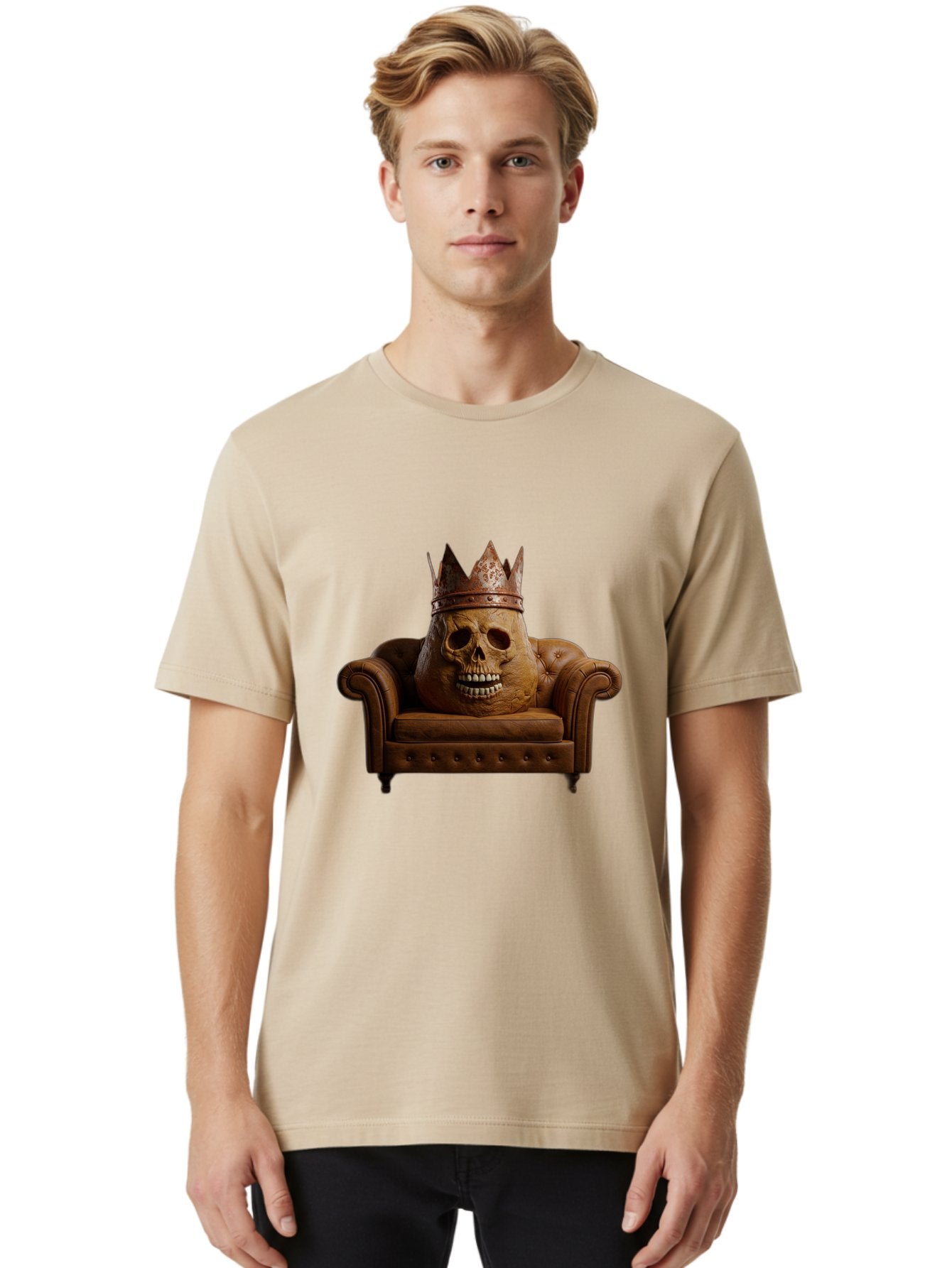 Crowned-Skull-On-Leather-Sofa Men'S Graphic Tee, 100% Cotton, Comfortable Casual Summer Wear, Machine Washable, Vintage Camera, Old Camera, Antique Camera, Black Camera, Classic Photography, Photography Equipment, Nostalgic Device, Bah832 23