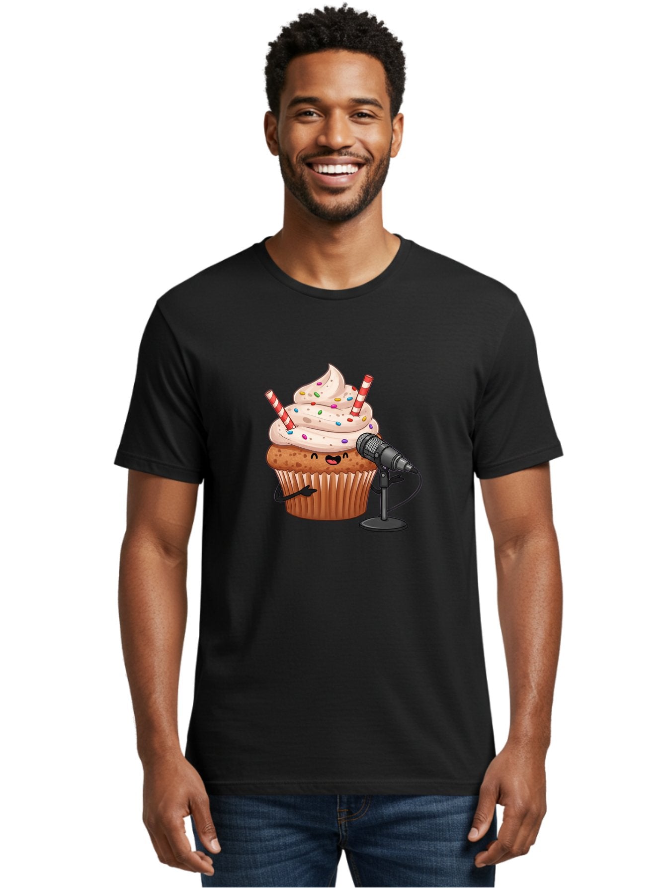 Cupcake-With-Microphone-1 Men'S Graphic Tee, 100% Cotton, Comfortable Casual Summer Wear, Machine Washable, Vintage Camera, Old Camera, Antique Camera, Black Camera, Classic Photography, Photography Equipment, Nostalgic Device, Film Camera, Bah870 25