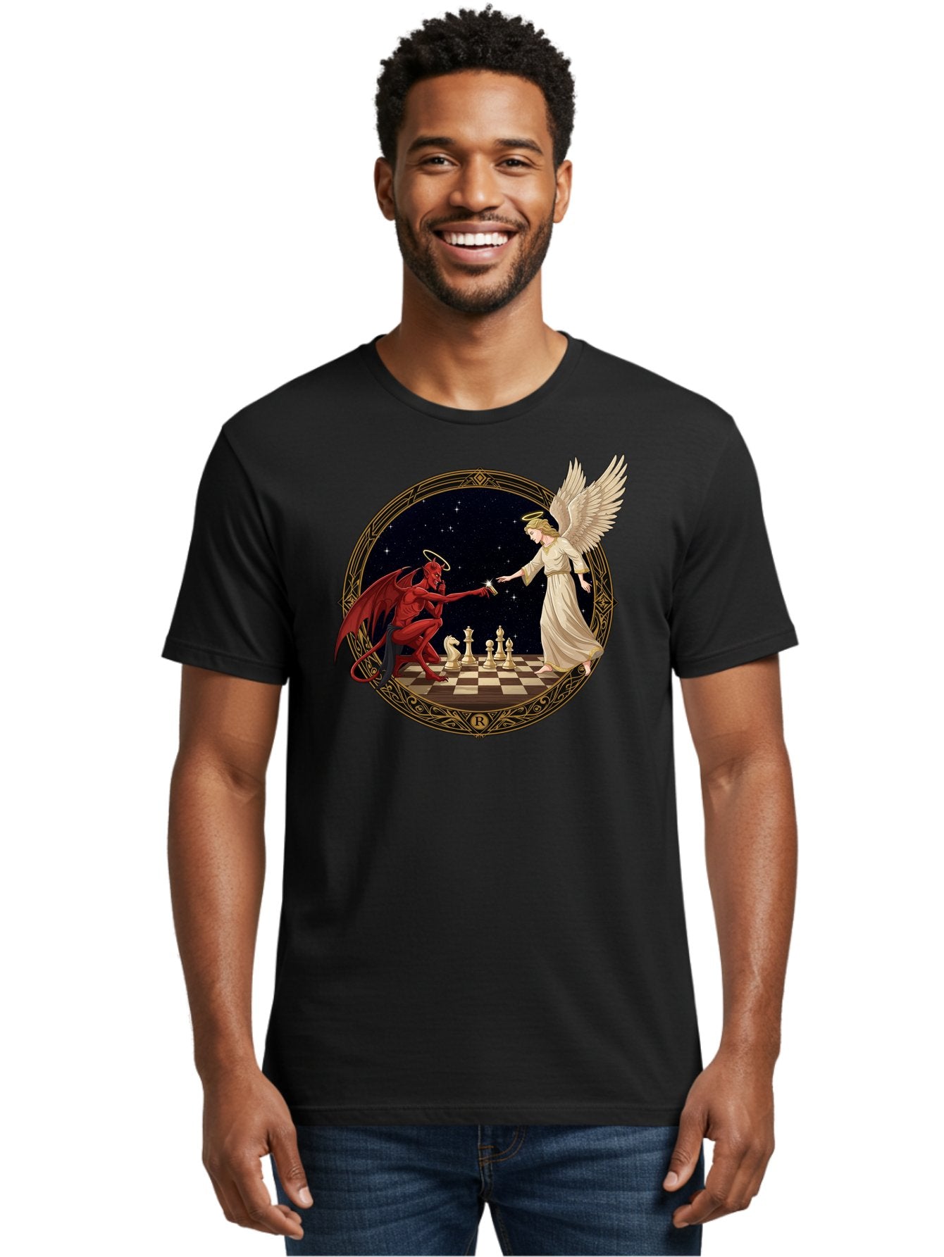 Demon-And-Angel-Playing-Chess Men'S Graphic Tee, 100% Cotton, Comfortable Casual Summer Wear, Machine Washable, Vintage Camera, Old Camera, Antique Camera, Black Camera, Classic Photography, Photography Equipment, Nostalgic Device, Bah897 21