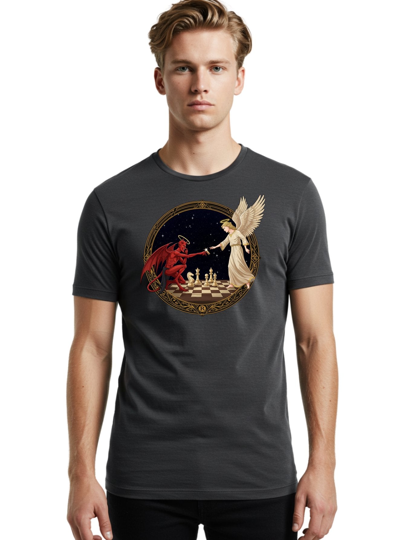 Demon-And-Angel-Playing-Chess Men'S Graphic Tee, 100% Cotton, Comfortable Casual Summer Wear, Machine Washable, Vintage Camera, Old Camera, Antique Camera, Black Camera, Classic Photography, Photography Equipment, Nostalgic Device, Bah897 23