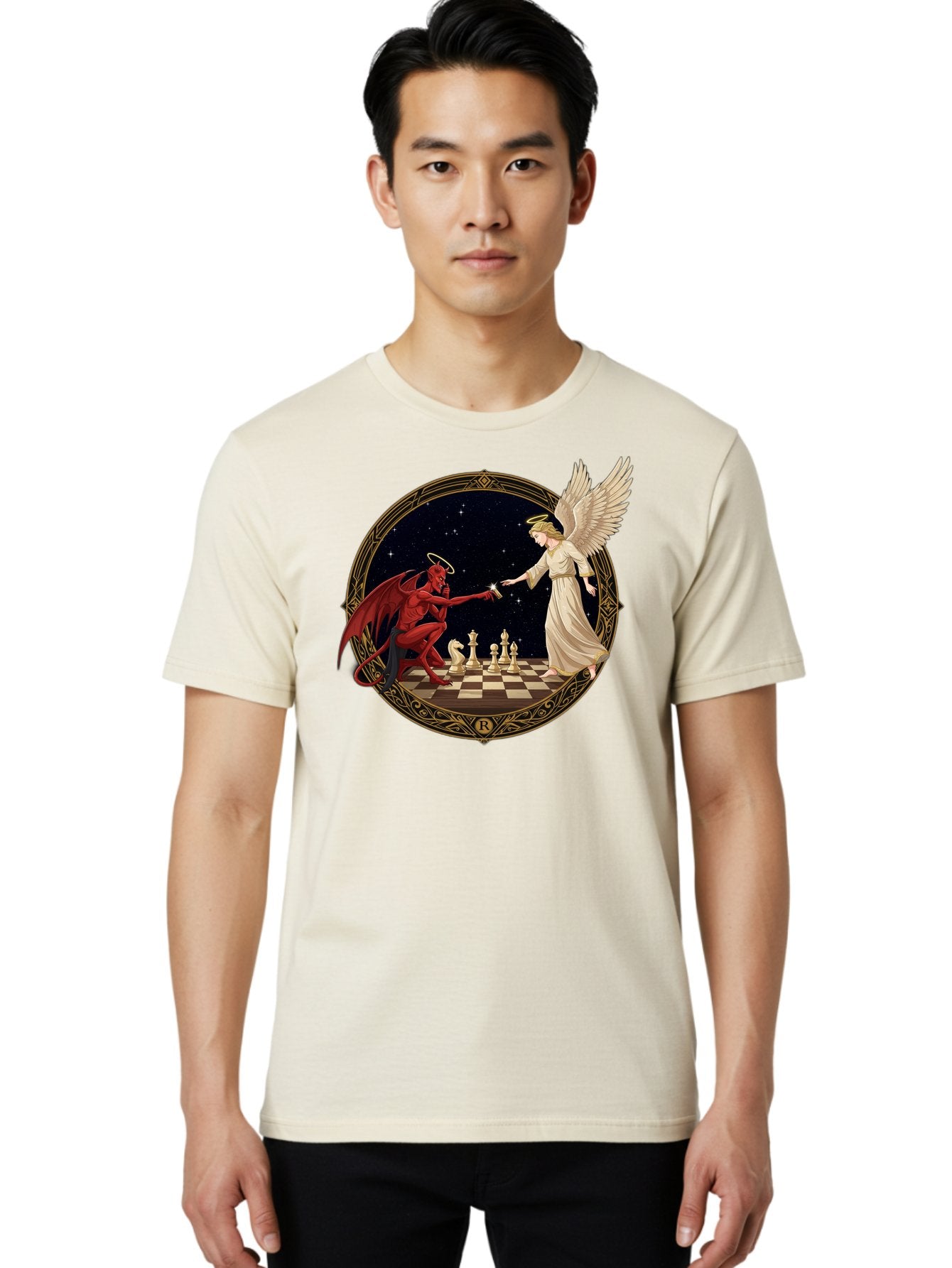 Demon-And-Angel-Playing-Chess Men'S Graphic Tee, 100% Cotton, Comfortable Casual Summer Wear, Machine Washable, Vintage Camera, Old Camera, Antique Camera, Black Camera, Classic Photography, Photography Equipment, Nostalgic Device, Bah897 16