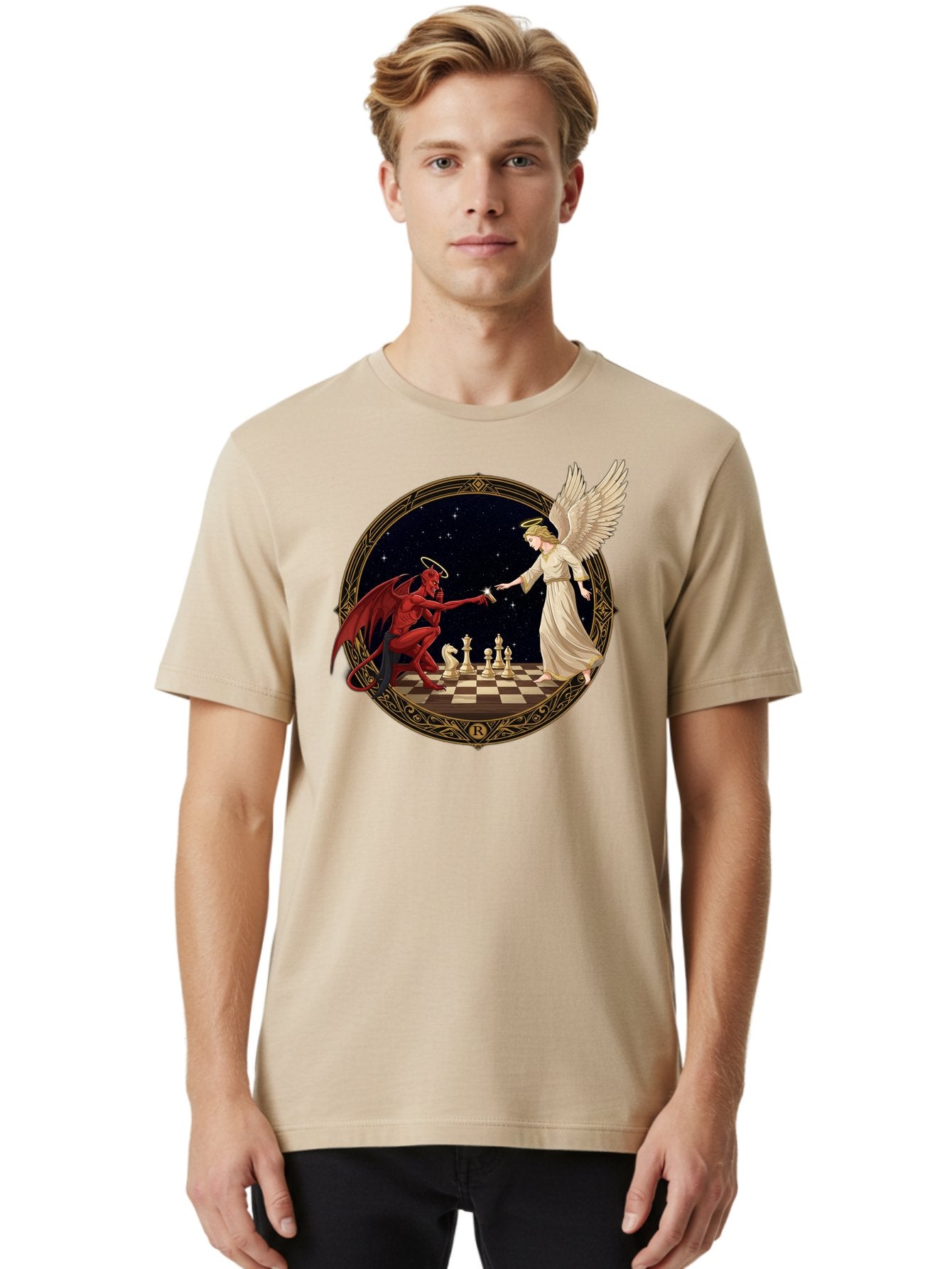 Demon-And-Angel-Playing-Chess Men'S Graphic Tee, 100% Cotton, Comfortable Casual Summer Wear, Machine Washable, Vintage Camera, Old Camera, Antique Camera, Black Camera, Classic Photography, Photography Equipment, Nostalgic Device, Bah897 22