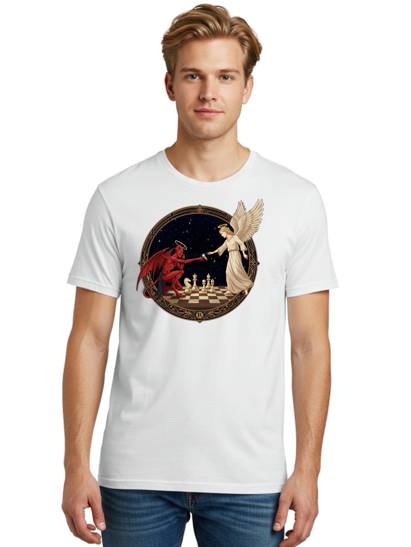 Demon-And-Angel-Playing-Chess Men'S Graphic Tee, 100% Cotton, Comfortable Casual Summer Wear, Machine Washable, Vintage Camera, Old Camera, Antique Camera, Black Camera, Classic Photography, Photography Equipment, Nostalgic Device, Bah897 19