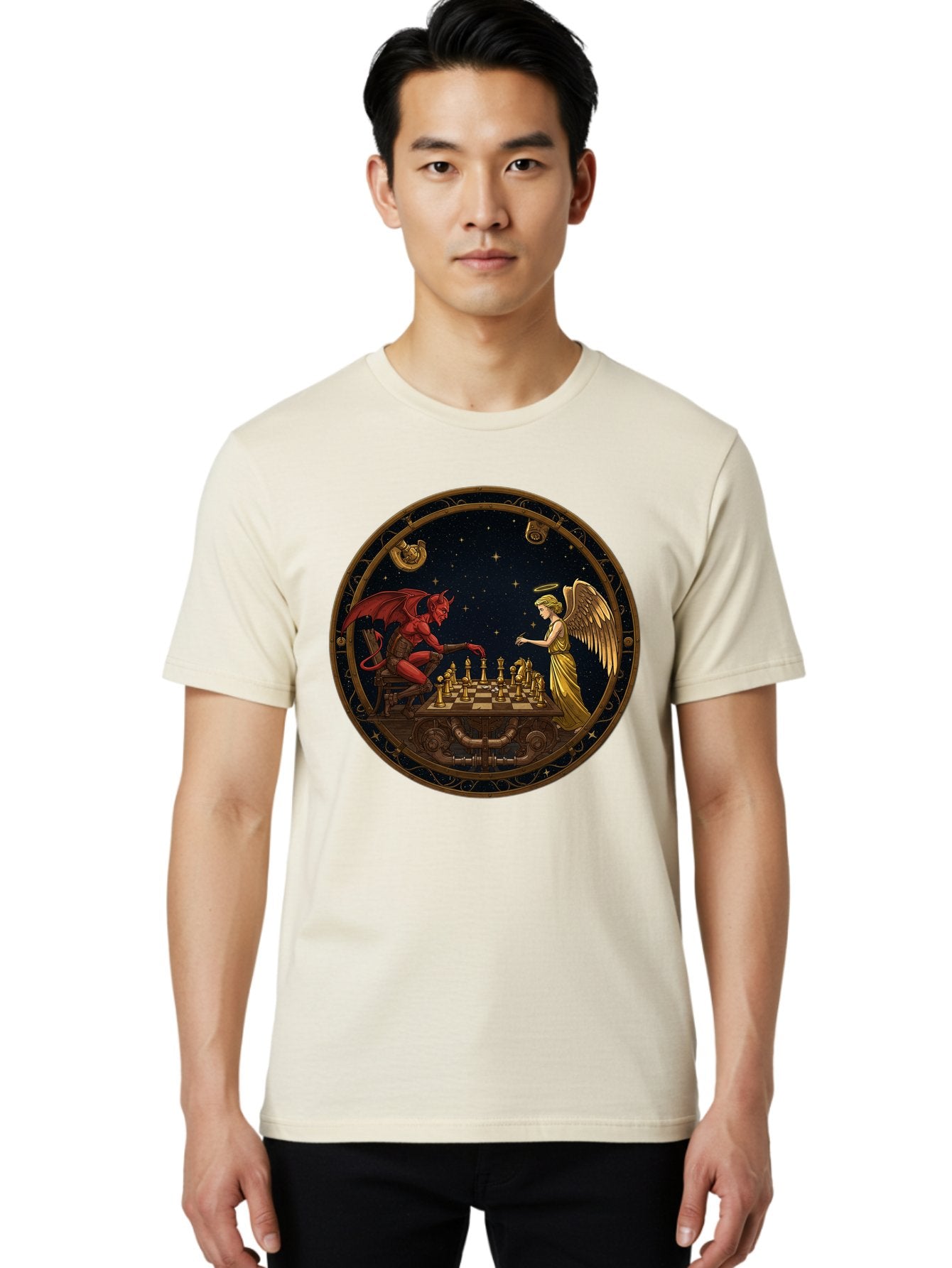 Devil-Vs-Angel-Chess-1 Men'S Graphic Tee, 100% Cotton, Comfortable Casual Summer Wear, Machine Washable, Vintage Camera, Old Camera, Antique Camera, Black Camera, Classic Photography, Photography Equipment, Nostalgic Device, Film Camera, Bah903 29