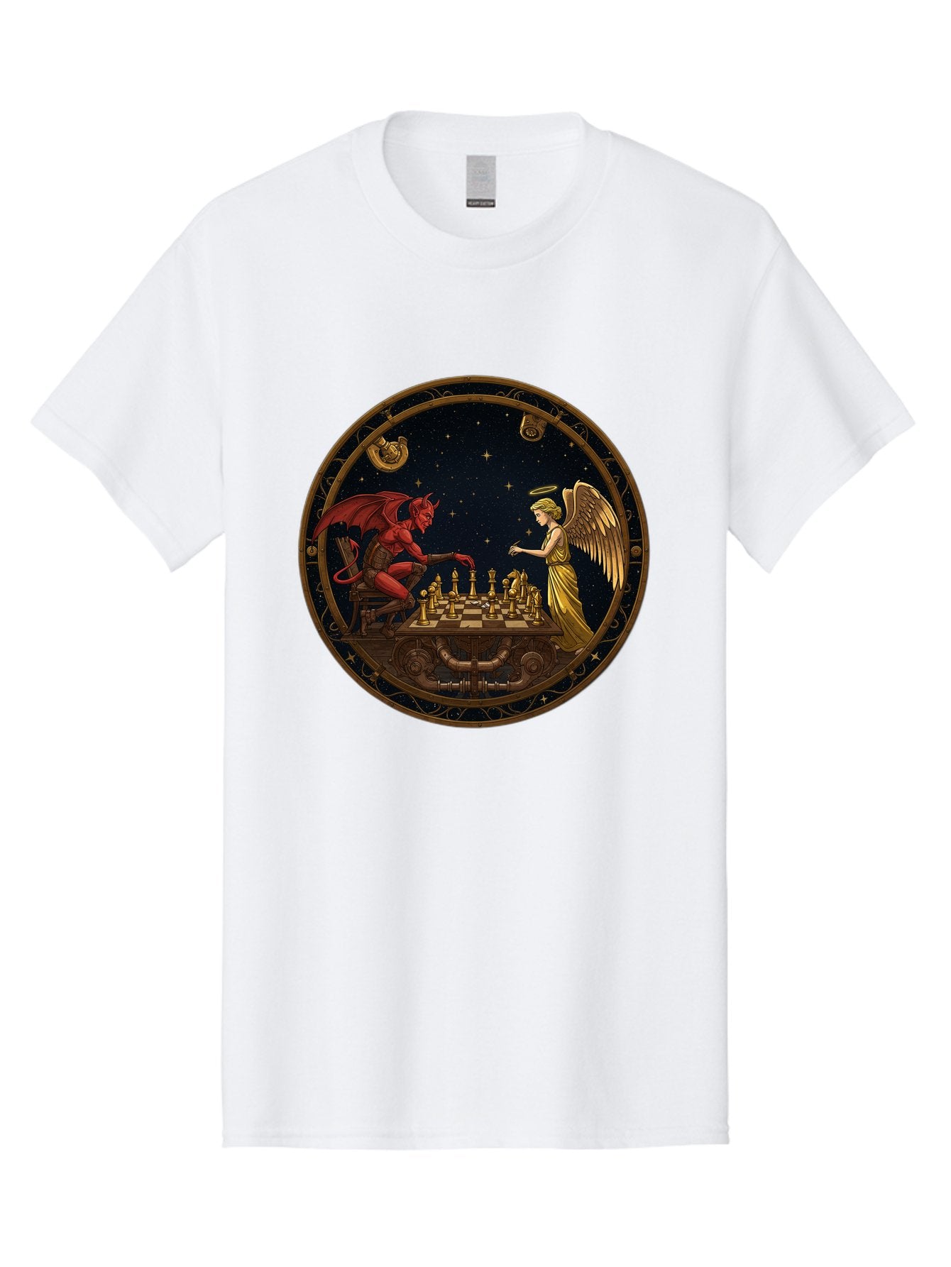 Devil-Vs-Angel-Chess-1 Men'S Graphic Tee, 100% Cotton, Comfortable Casual Summer Wear, Machine Washable, Vintage Camera, Old Camera, Antique Camera, Black Camera, Classic Photography, Photography Equipment, Nostalgic Device, Film Camera, Bah903 6
