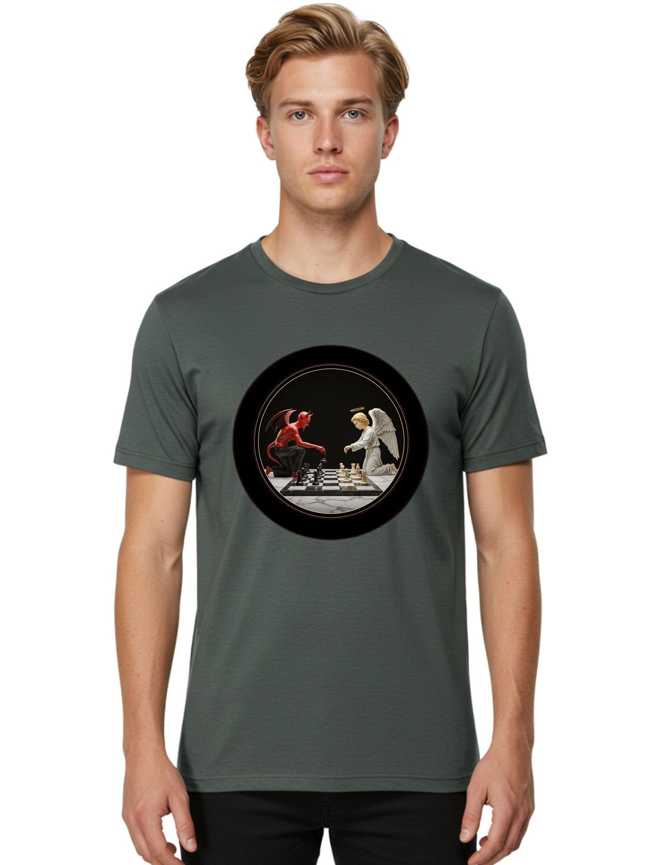 Devil-Vs-Angel-Chess-2 Men'S Graphic Tee, 100% Cotton, Comfortable Casual Summer Wear, Machine Washable, Vintage Camera, Old Camera, Antique Camera, Black Camera, Classic Photography, Photography Equipment, Nostalgic Device, Film Camera, Bah904 18