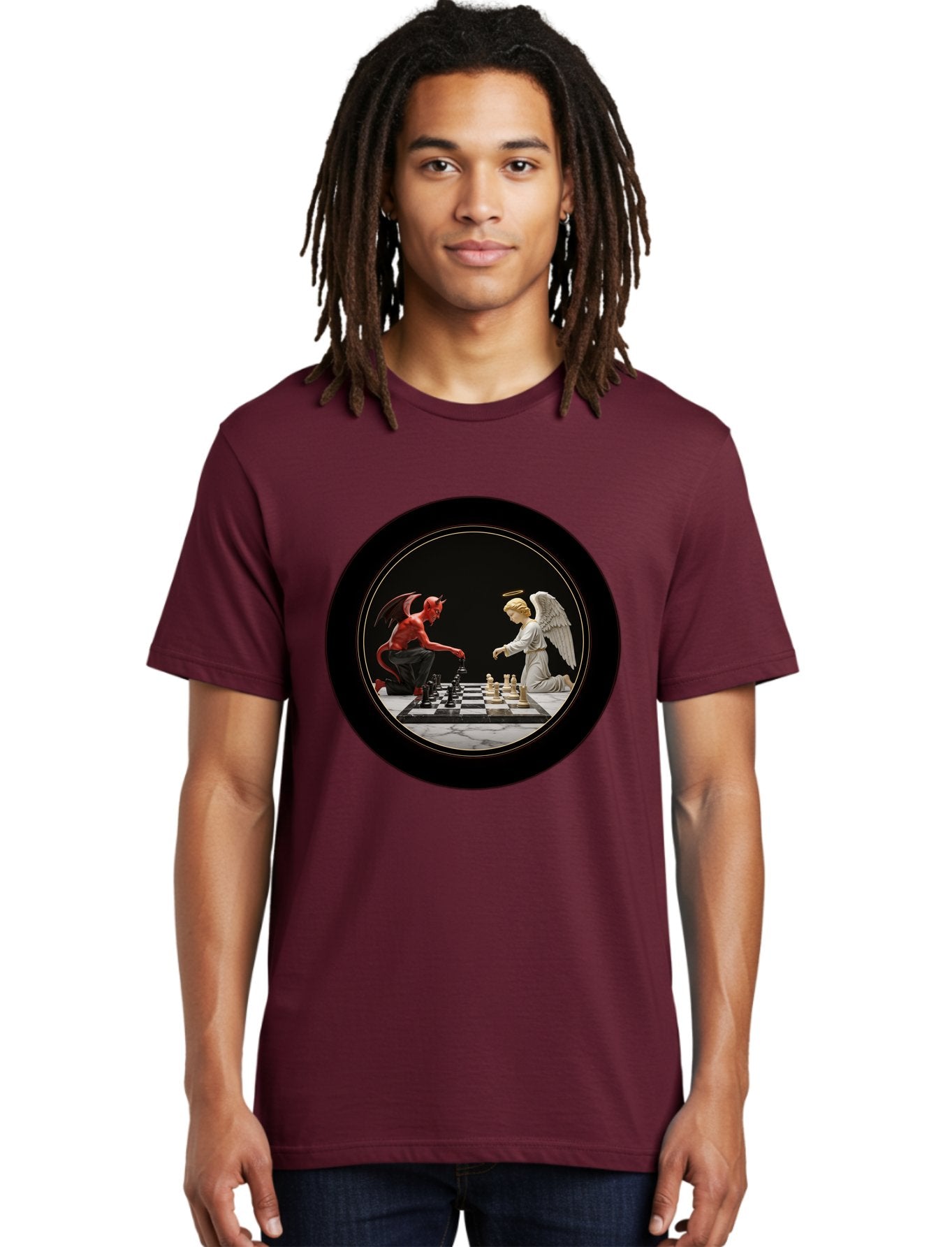 Devil-Vs-Angel-Chess-2 Men'S Graphic Tee, 100% Cotton, Comfortable Casual Summer Wear, Machine Washable, Vintage Camera, Old Camera, Antique Camera, Black Camera, Classic Photography, Photography Equipment, Nostalgic Device, Film Camera, Bah904 24