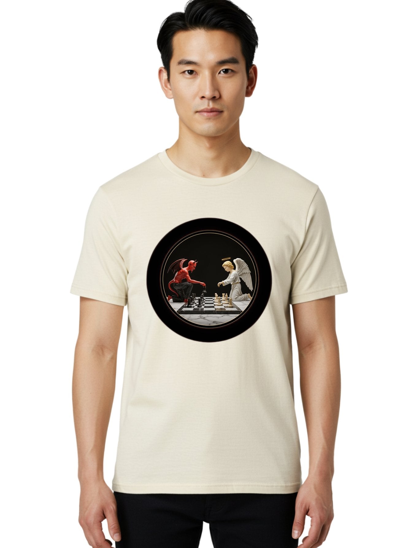 Devil-Vs-Angel-Chess-2 Men'S Graphic Tee, 100% Cotton, Comfortable Casual Summer Wear, Machine Washable, Vintage Camera, Old Camera, Antique Camera, Black Camera, Classic Photography, Photography Equipment, Nostalgic Device, Film Camera, Bah904 28