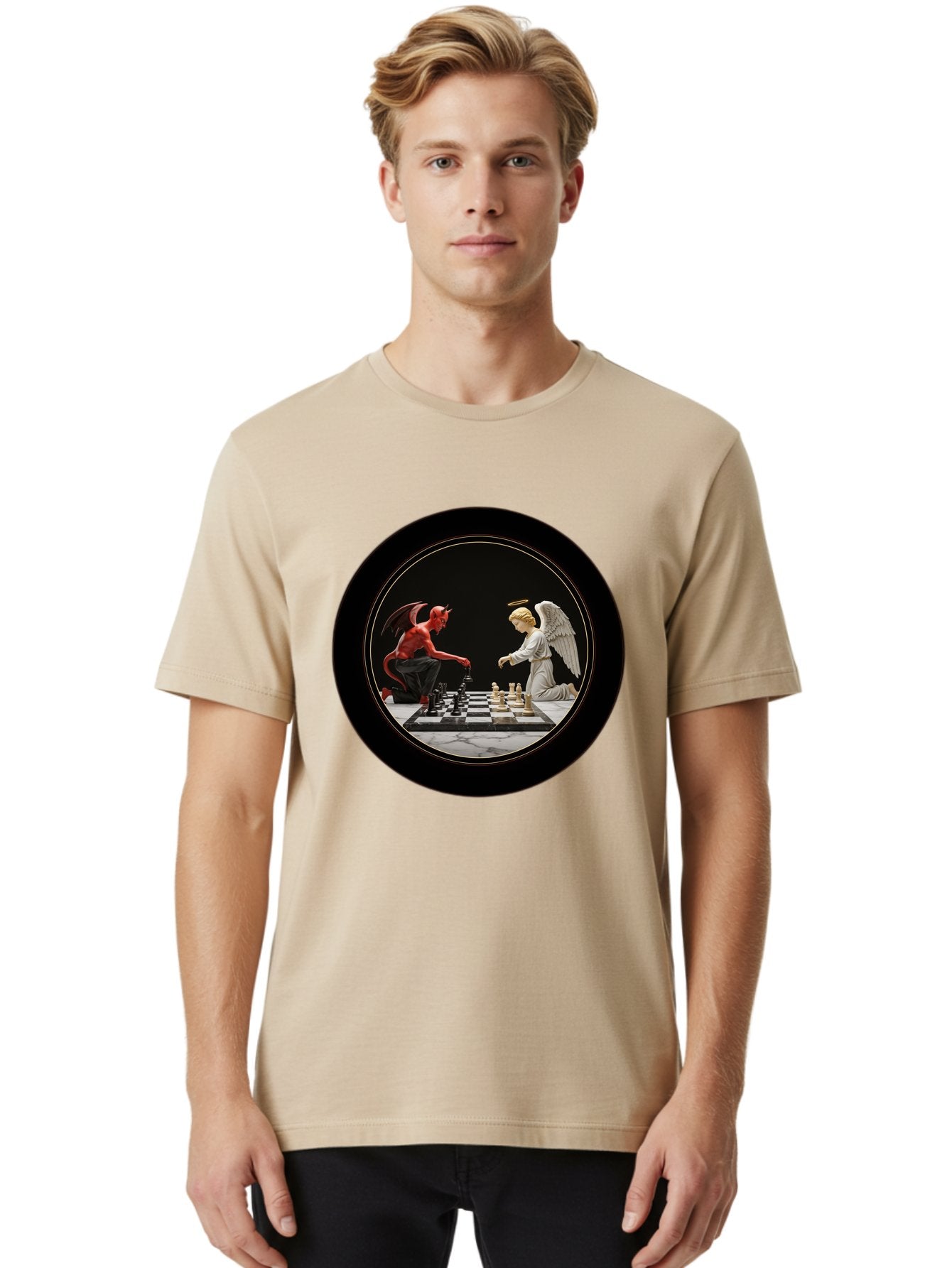 Devil-Vs-Angel-Chess-2 Men'S Graphic Tee, 100% Cotton, Comfortable Casual Summer Wear, Machine Washable, Vintage Camera, Old Camera, Antique Camera, Black Camera, Classic Photography, Photography Equipment, Nostalgic Device, Film Camera, Bah904 19