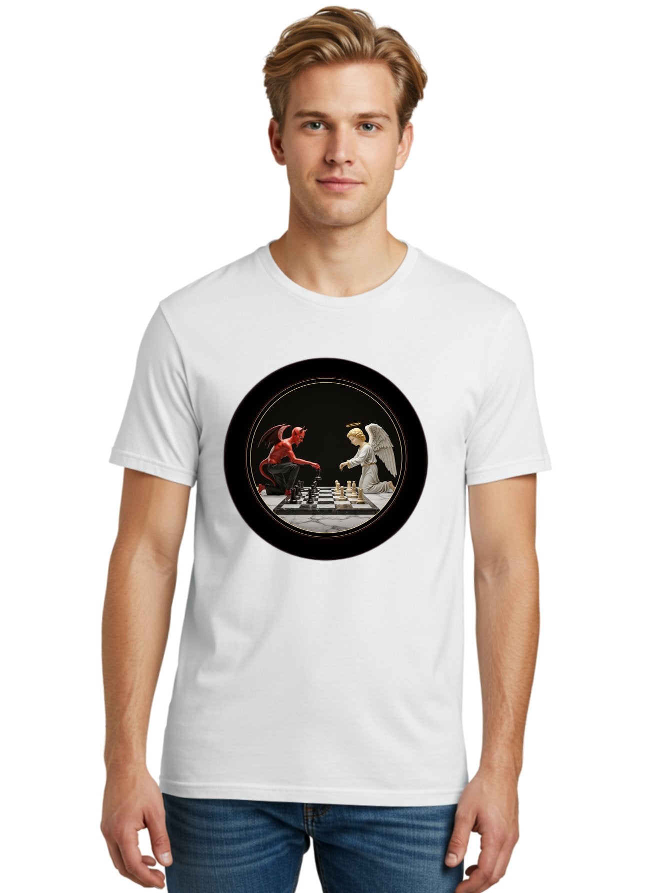 Devil-Vs-Angel-Chess-2 Men'S Graphic Tee, 100% Cotton, Comfortable Casual Summer Wear, Machine Washable, Vintage Camera, Old Camera, Antique Camera, Black Camera, Classic Photography, Photography Equipment, Nostalgic Device, Film Camera, Bah904 16