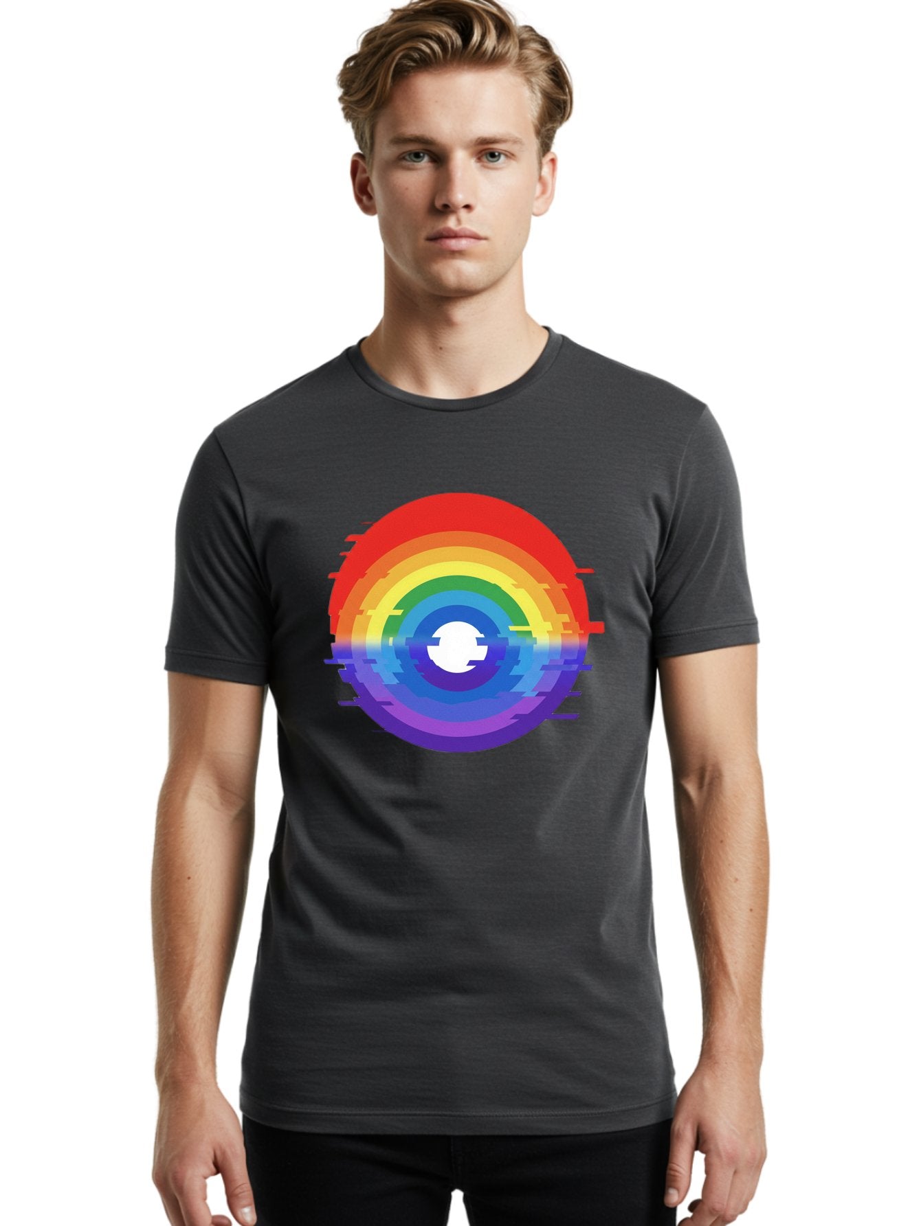 Glitch-Rainbow-Circle Men'S Graphic Tee, 100% Cotton, Comfortable Casual Summer Wear, Machine Washable, Vintage Camera, Old Camera, Antique Camera, Black Camera, Classic Photography, Photography Equipment, Nostalgic Device, Film Camera, Bai043 16