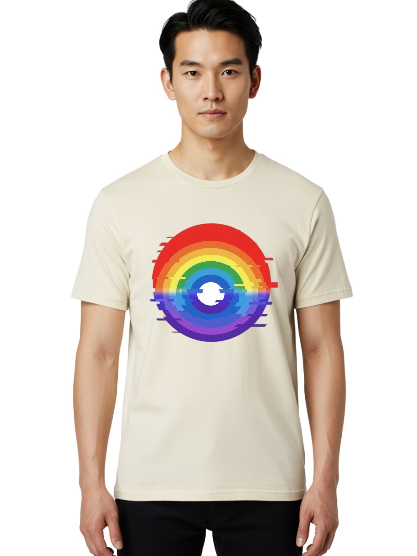 Glitch-Rainbow-Circle Men'S Graphic Tee, 100% Cotton, Comfortable Casual Summer Wear, Machine Washable, Vintage Camera, Old Camera, Antique Camera, Black Camera, Classic Photography, Photography Equipment, Nostalgic Device, Film Camera, Bai043 30