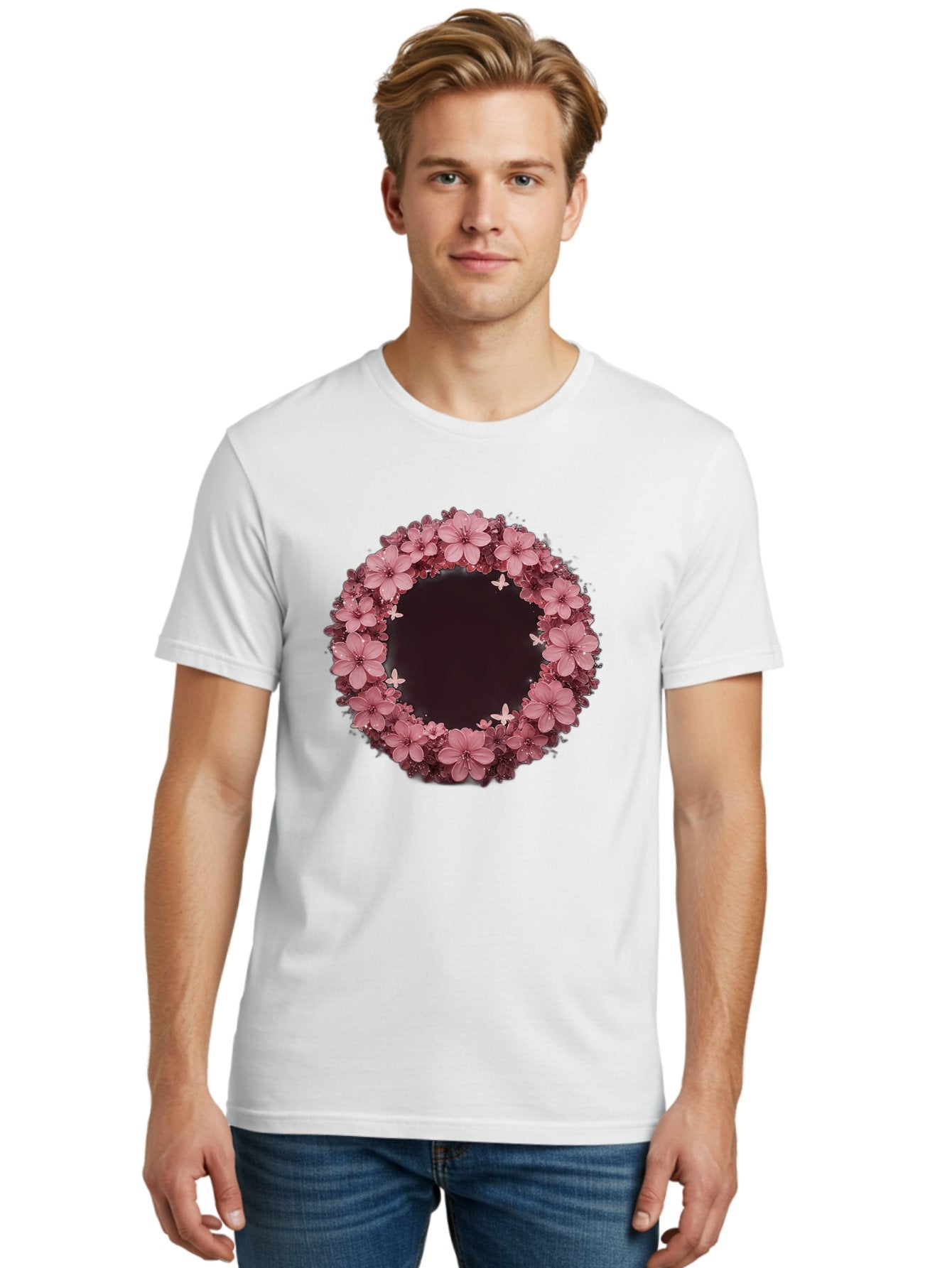 Pink-Flowers-Wreath Men'S Graphic Tee, 100% Cotton, Comfortable Casual Summer Wear, Machine Washable, Vintage Camera, Old Camera, Antique Camera, Black Camera, Classic Photography, Photography Equipment, Nostalgic Device, Film Camera, Bai224 27
