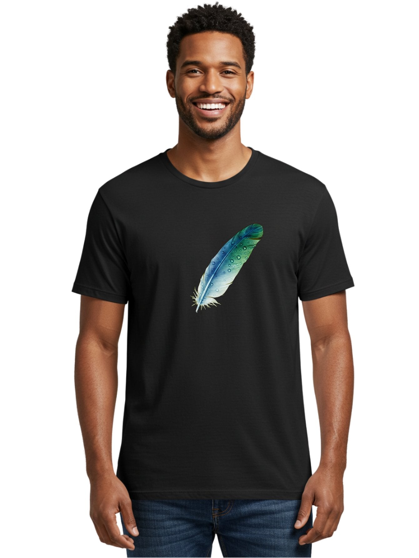Blue-Feather-With-Water-Droplets Men'S Graphic Tee, 100% Cotton, Comfortable Casual Summer Wear, Machine Washable, Vintage Camera, Old Camera, Antique Camera, Black Camera, Classic Photography, Photography Equipment, Nostalgic Device, Bai598 21