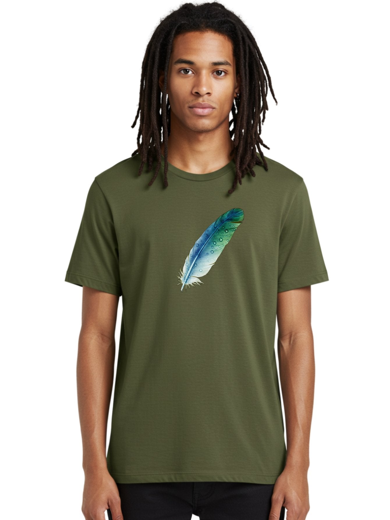 Blue-Feather-With-Water-Droplets Men'S Graphic Tee, 100% Cotton, Comfortable Casual Summer Wear, Machine Washable, Vintage Camera, Old Camera, Antique Camera, Black Camera, Classic Photography, Photography Equipment, Nostalgic Device, Bai598 20