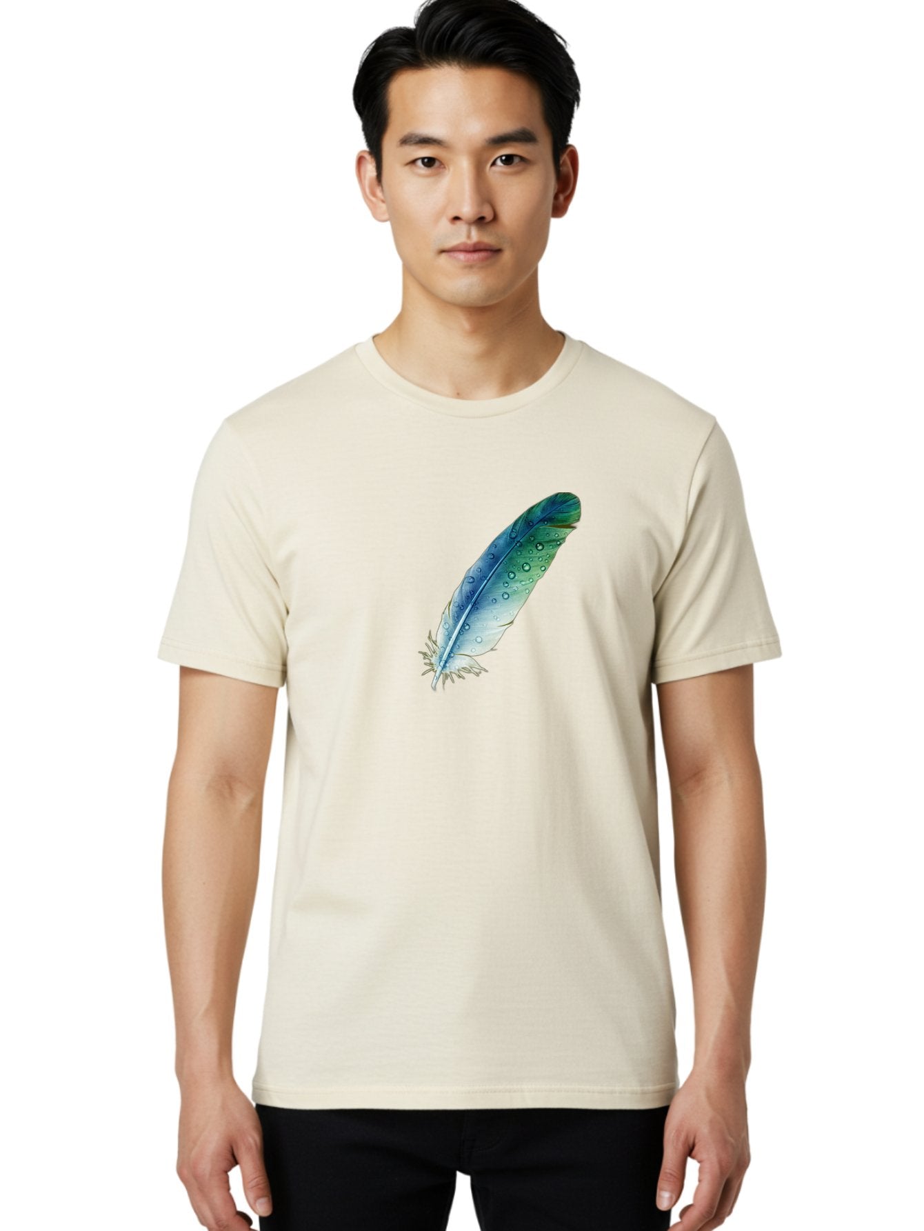 Blue-Feather-With-Water-Droplets Men'S Graphic Tee, 100% Cotton, Comfortable Casual Summer Wear, Machine Washable, Vintage Camera, Old Camera, Antique Camera, Black Camera, Classic Photography, Photography Equipment, Nostalgic Device, Bai598 26