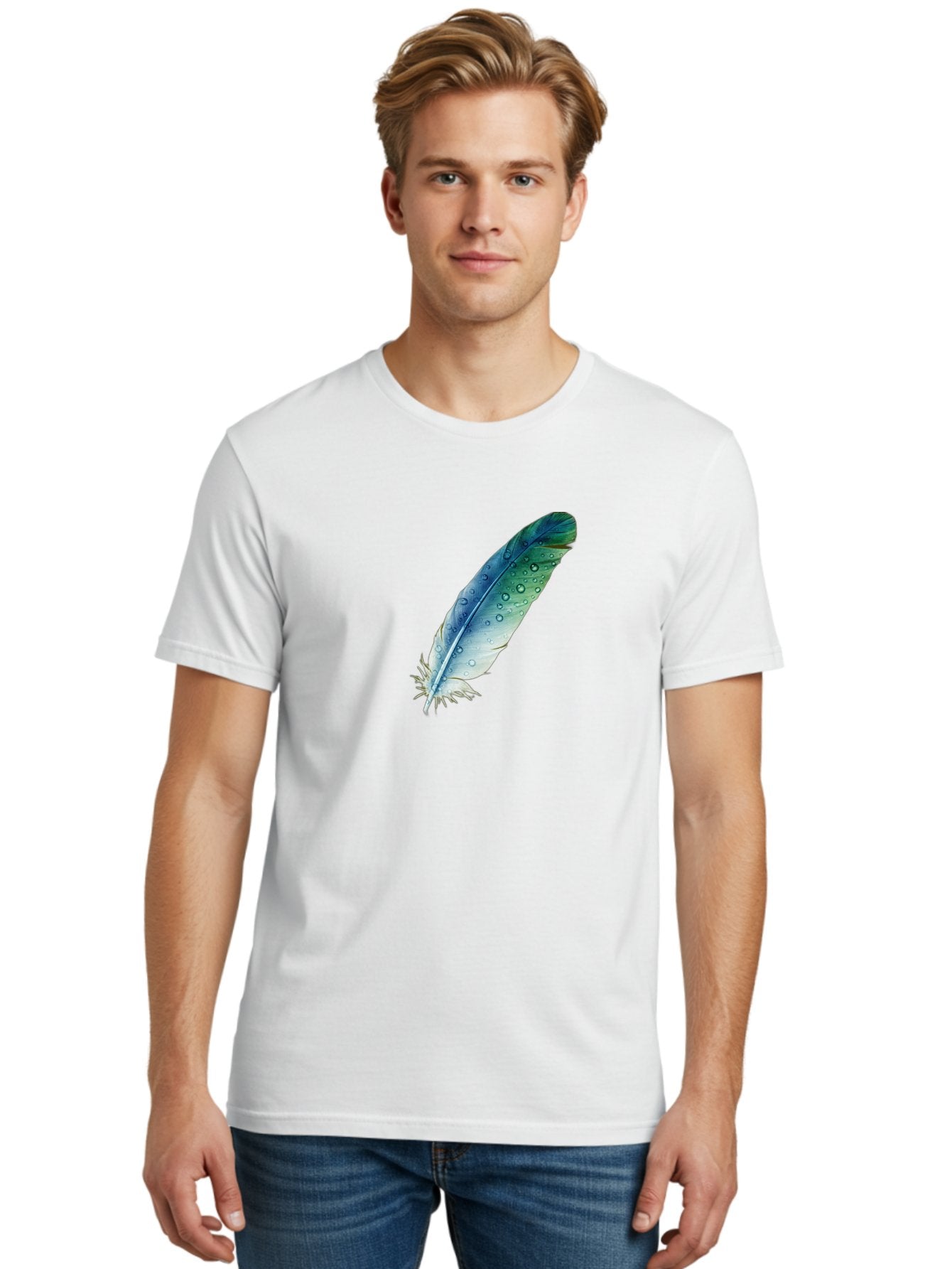 Blue-Feather-With-Water-Droplets Men'S Graphic Tee, 100% Cotton, Comfortable Casual Summer Wear, Machine Washable, Vintage Camera, Old Camera, Antique Camera, Black Camera, Classic Photography, Photography Equipment, Nostalgic Device, Bai598 29