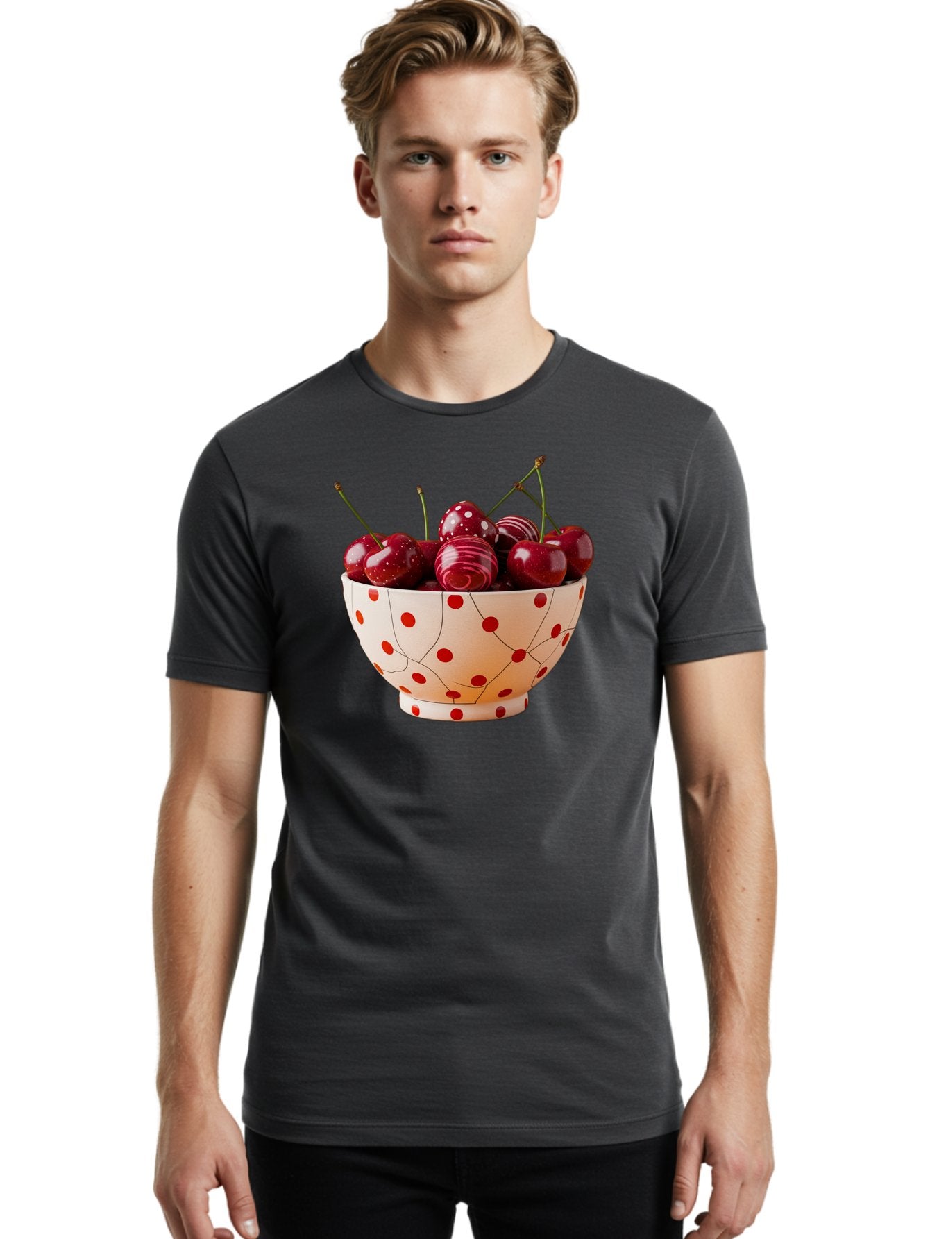 Cherries-In-White-Bowl-With-Red-Polka-Dots Men'S Graphic Tee, 100% Cotton, Comfortable Casual Summer Wear, Machine Washable, Vintage Camera, Old Camera, Antique Camera, Black Camera, Classic Photography, Photography Equipment, Bai711 21
