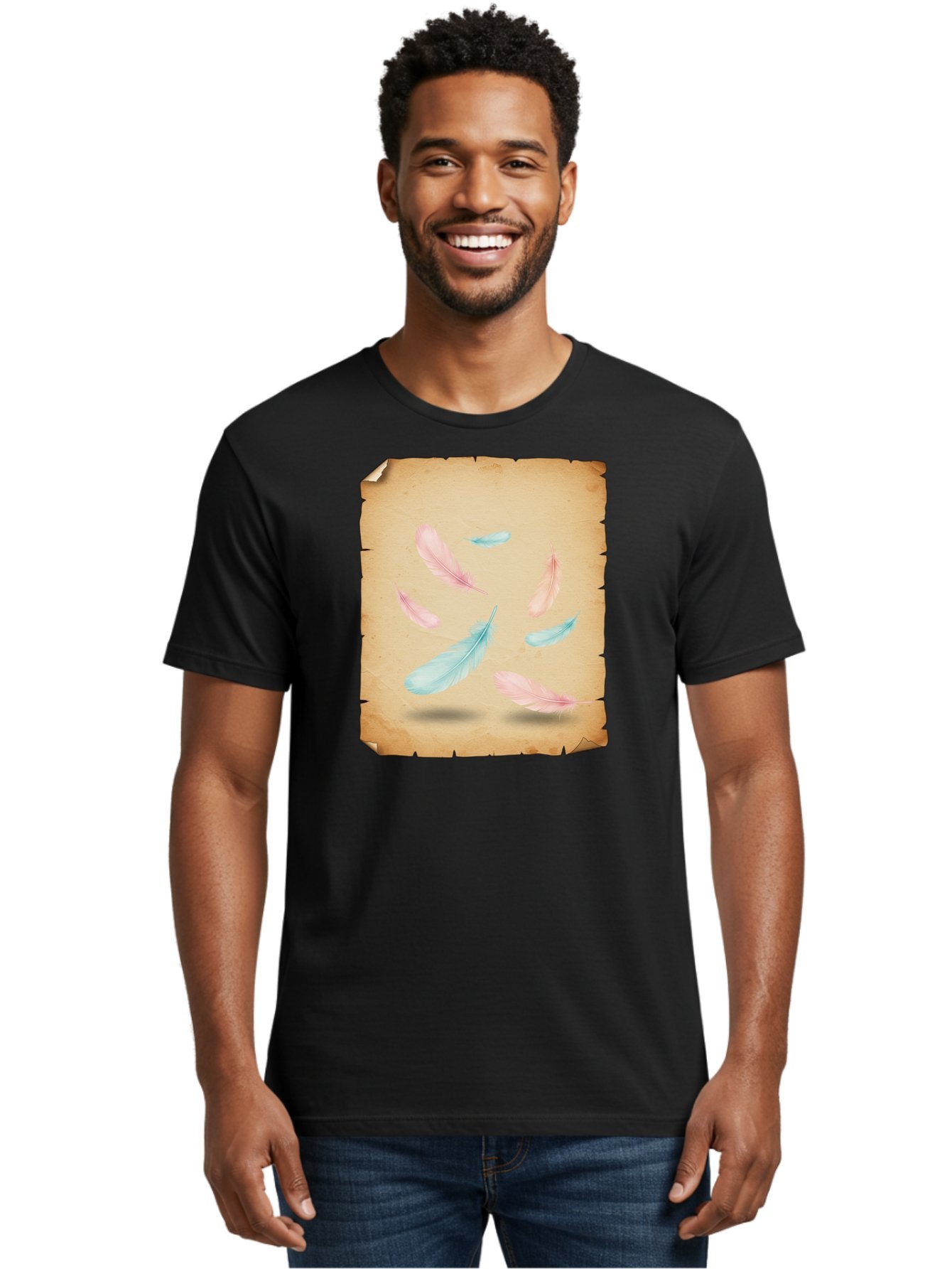 Feathers-On-Aged-Paper Men'S Graphic Tee, 100% Cotton, Comfortable Casual Summer Wear, Machine Washable, Vintage Camera, Old Camera, Antique Camera, Black Camera, Classic Photography, Photography Equipment, Nostalgic Device, Film Camera, Bai828 20