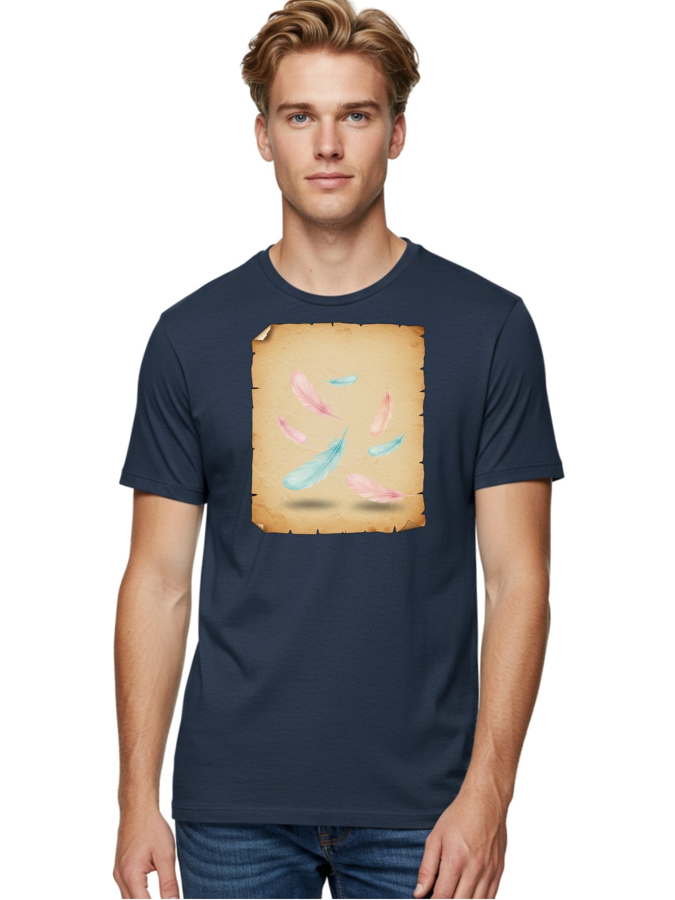 Feathers-On-Aged-Paper Men'S Graphic Tee, 100% Cotton, Comfortable Casual Summer Wear, Machine Washable, Vintage Camera, Old Camera, Antique Camera, Black Camera, Classic Photography, Photography Equipment, Nostalgic Device, Film Camera, Bai828 28