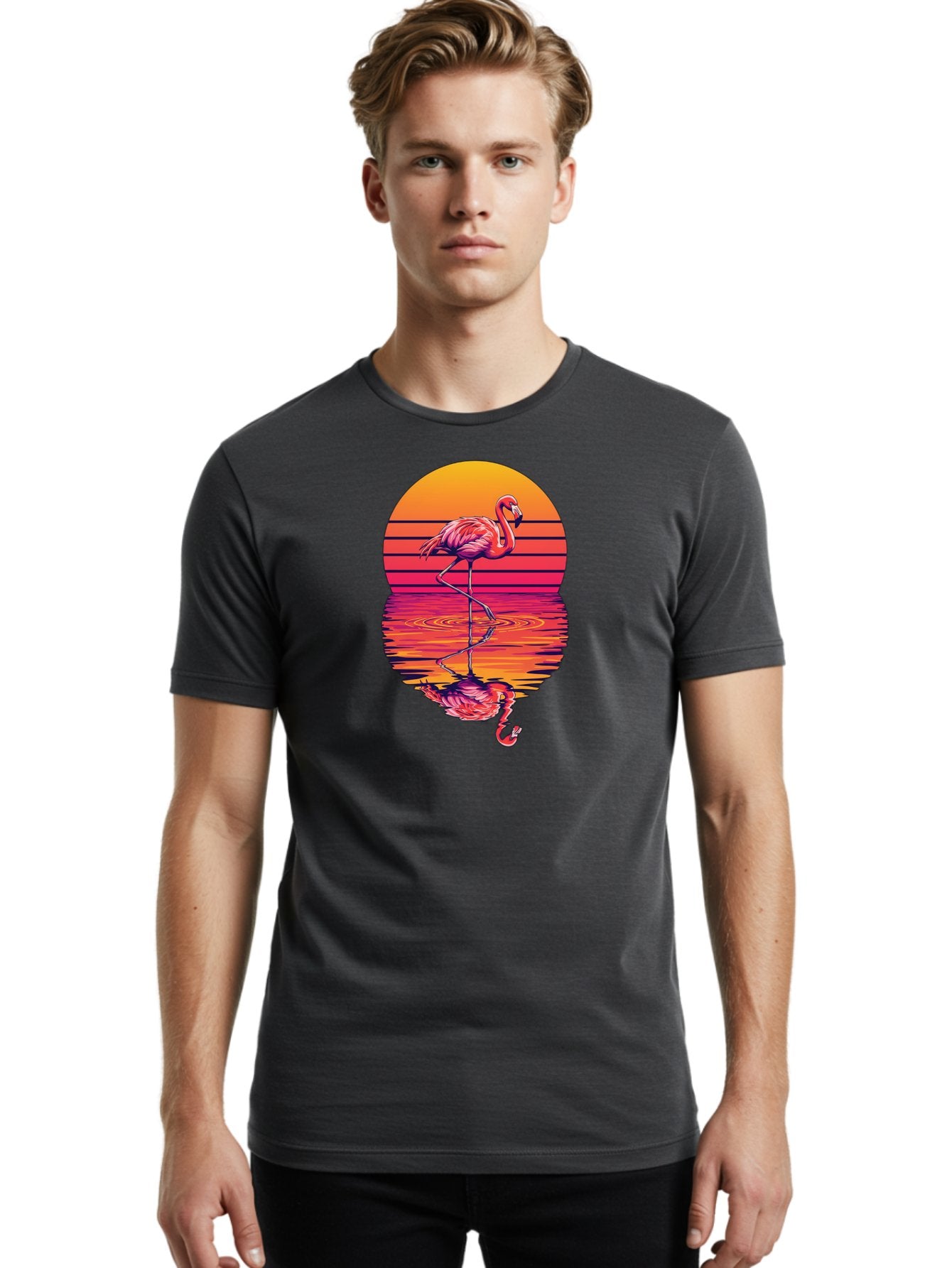 Flamingo-Sunset Men'S Graphic Tee, 100% Cotton, Comfortable Casual Summer Wear, Machine Washable, Vintage Camera, Old Camera, Antique Camera, Black Camera, Classic Photography, Photography Equipment, Nostalgic Device, Film Camera, Camera Art Bai850 20