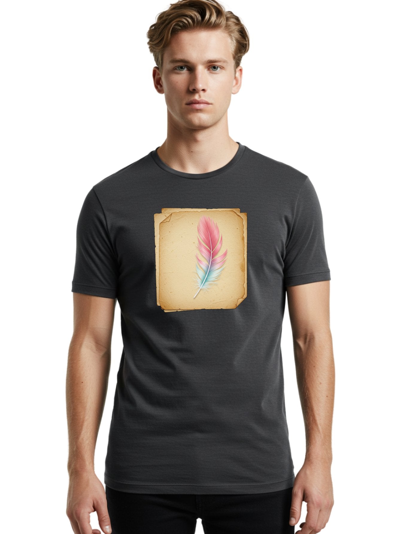 Pink-And-Blue-Feather Men'S Graphic Tee, 100% Cotton, Comfortable Casual Summer Wear, Machine Washable, Vintage Camera, Old Camera, Antique Camera, Black Camera, Classic Photography, Photography Equipment, Nostalgic Device, Film Camera, Baj163 23