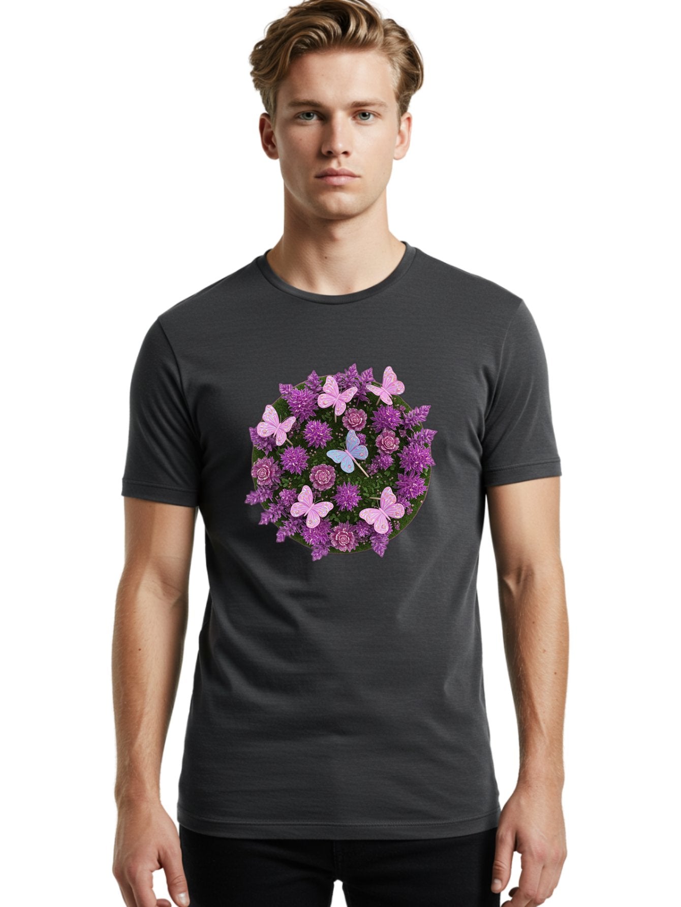 Purple-Flowers-With-Butterflies Men'S Graphic Tee, 100% Cotton, Comfortable Casual Summer Wear, Machine Washable, Vintage Camera, Old Camera, Antique Camera, Black Camera, Classic Photography, Photography Equipment, Nostalgic Device, Baj713 28