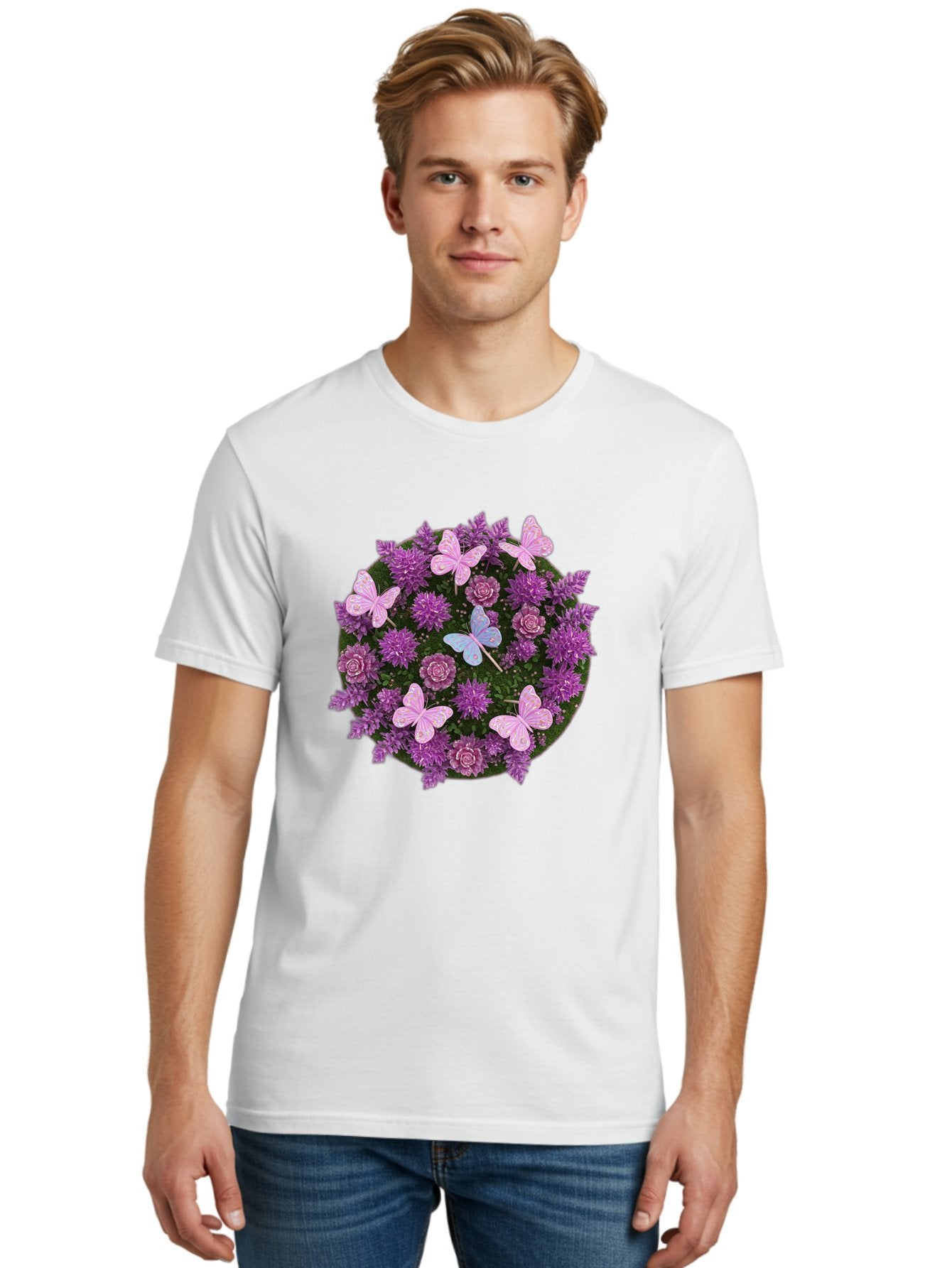 Purple-Flowers-With-Butterflies Men'S Graphic Tee, 100% Cotton, Comfortable Casual Summer Wear, Machine Washable, Vintage Camera, Old Camera, Antique Camera, Black Camera, Classic Photography, Photography Equipment, Nostalgic Device, Baj713 20