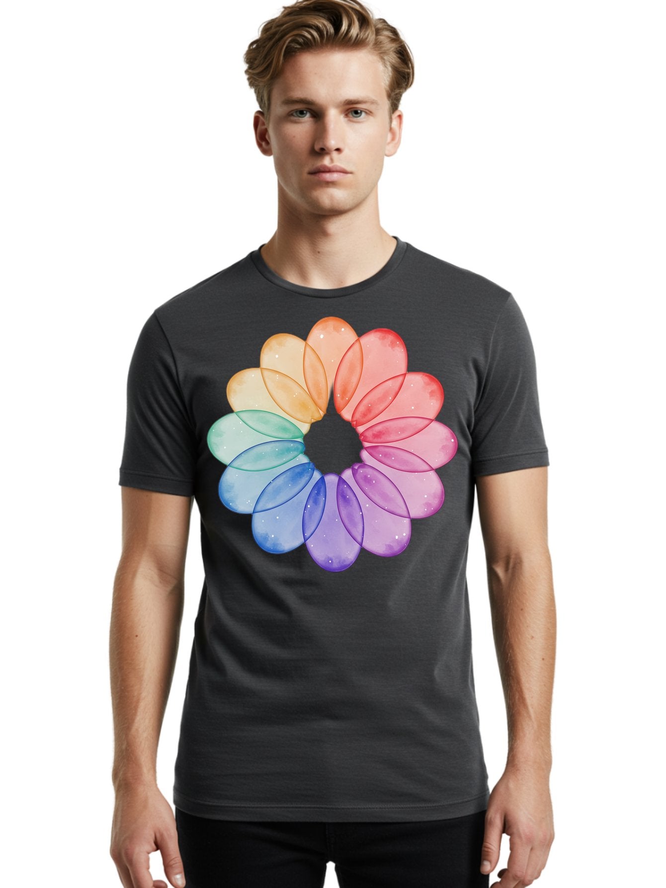 Rainbow-Flower-Petals Men'S Graphic Tee, 100% Cotton, Comfortable Casual Summer Wear, Machine Washable, Vintage Camera, Old Camera, Antique Camera, Black Camera, Classic Photography, Photography Equipment, Nostalgic Device, Film Camera, Baj728 25