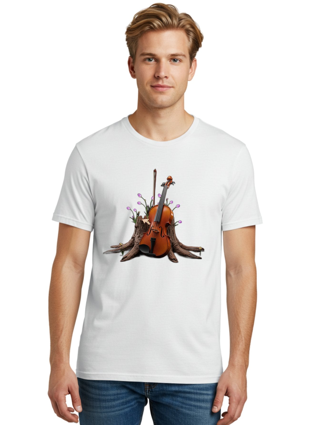 Violin-On-Tree-Stump-3 Men'S Graphic Tee, 100% Cotton, Comfortable Casual Summer Wear, Machine Washable, Vintage Camera, Old Camera, Antique Camera, Black Camera, Classic Photography, Photography Equipment, Nostalgic Device, Film Camera, Baj853 24