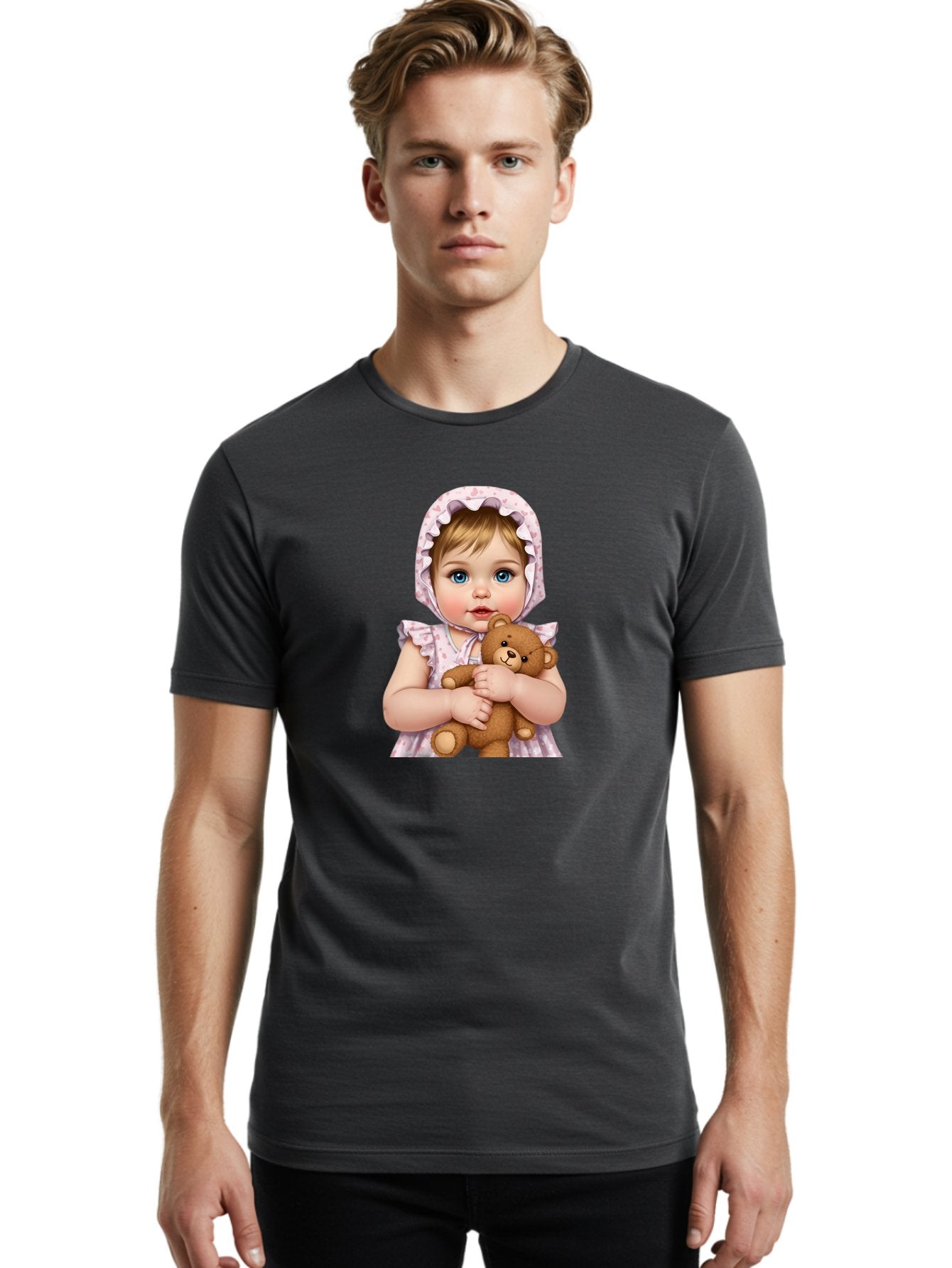 Baby-Girl-Hugging-Teddy Men'S Graphic Tee, 100% Cotton, Comfortable Casual Summer Wear, Machine Washable, Vintage Camera, Old Camera, Antique Camera, Black Camera, Classic Photography, Photography Equipment, Nostalgic Device, Film Camera, Bak007 23