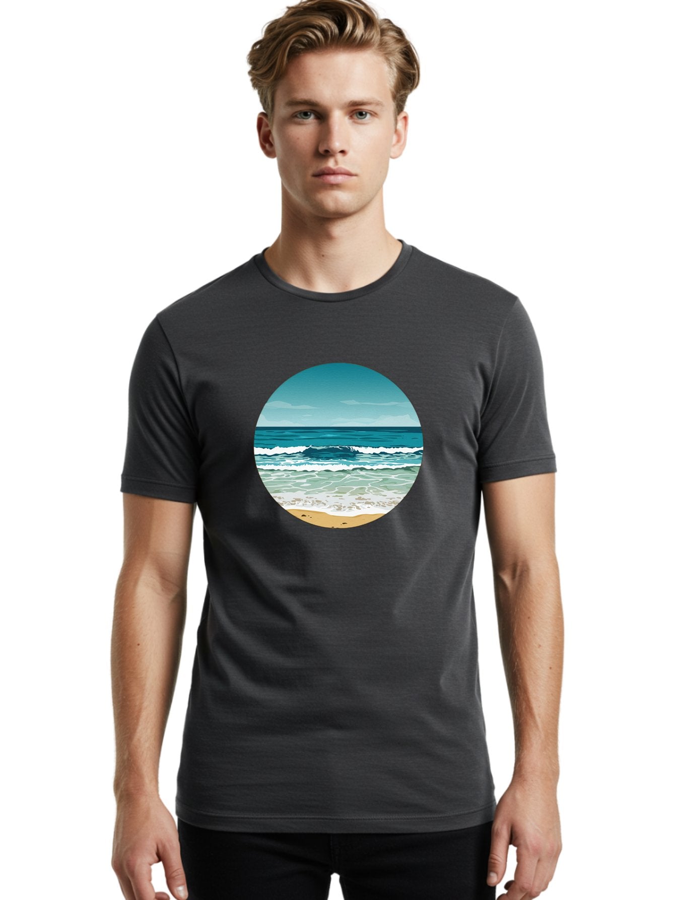 Beach-Scene-1 Men'S Graphic Tee, 100% Cotton, Comfortable Casual Summer Wear, Machine Washable, Vintage Camera, Old Camera, Antique Camera, Black Camera, Classic Photography, Photography Equipment, Nostalgic Device, Film Camera, Camera Art Bak036 28
