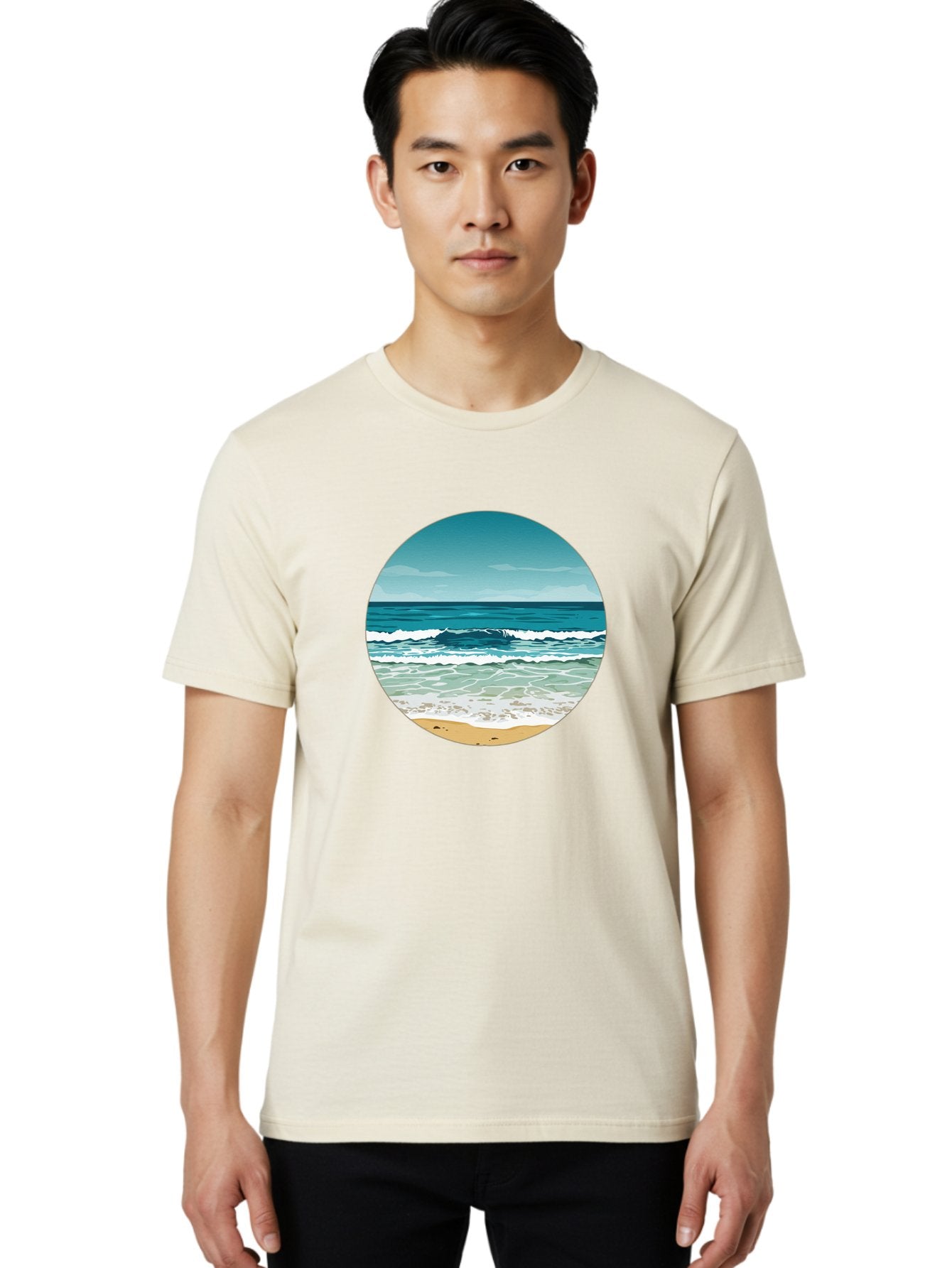 Beach-Scene-1 Men'S Graphic Tee, 100% Cotton, Comfortable Casual Summer Wear, Machine Washable, Vintage Camera, Old Camera, Antique Camera, Black Camera, Classic Photography, Photography Equipment, Nostalgic Device, Film Camera, Camera Art Bak036 24