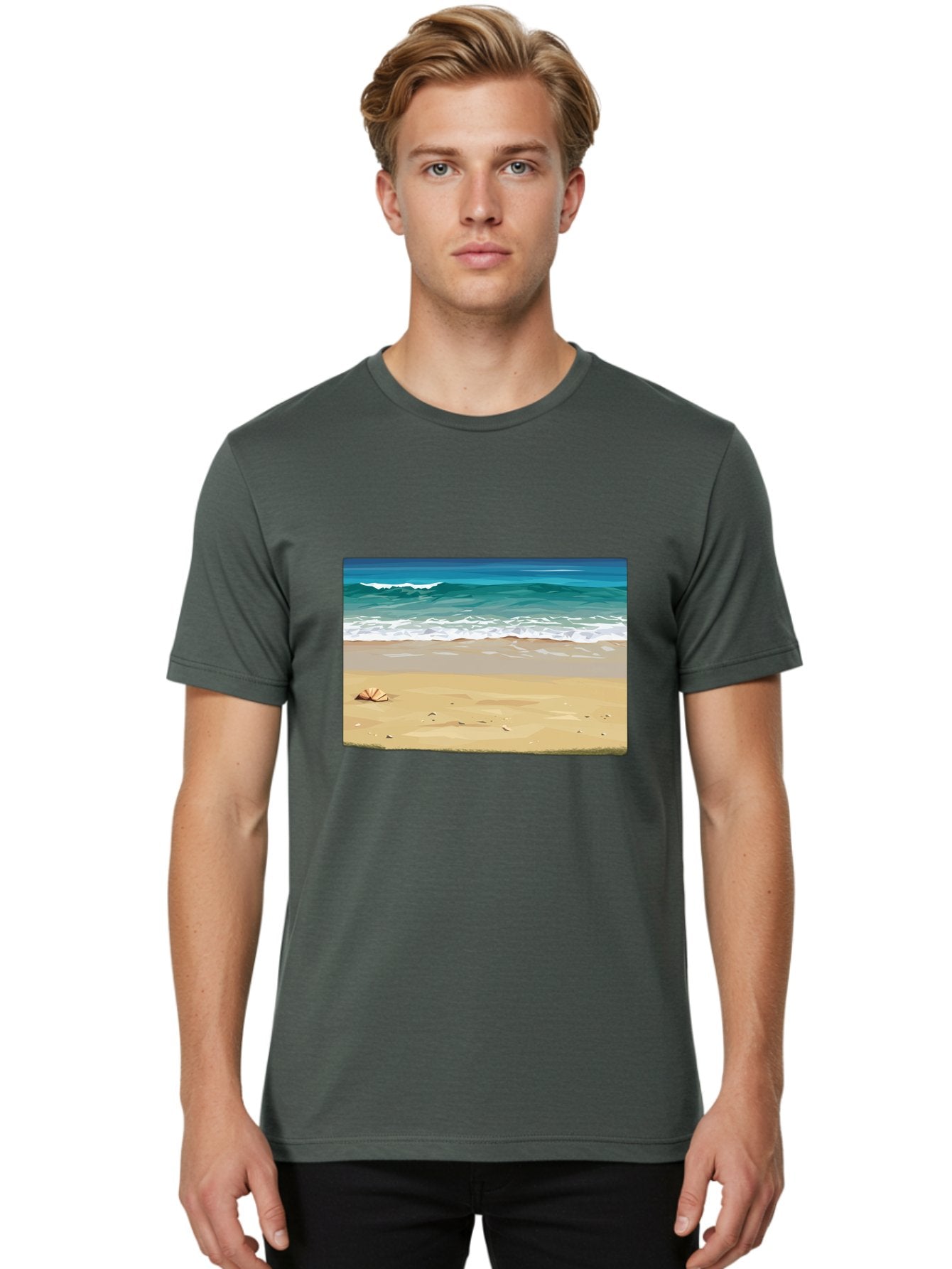 Beach-Scene-2 Men'S Graphic Tee, 100% Cotton, Comfortable Casual Summer Wear, Machine Washable, Vintage Camera, Old Camera, Antique Camera, Black Camera, Classic Photography, Photography Equipment, Nostalgic Device, Film Camera, Camera Art Bak037 16