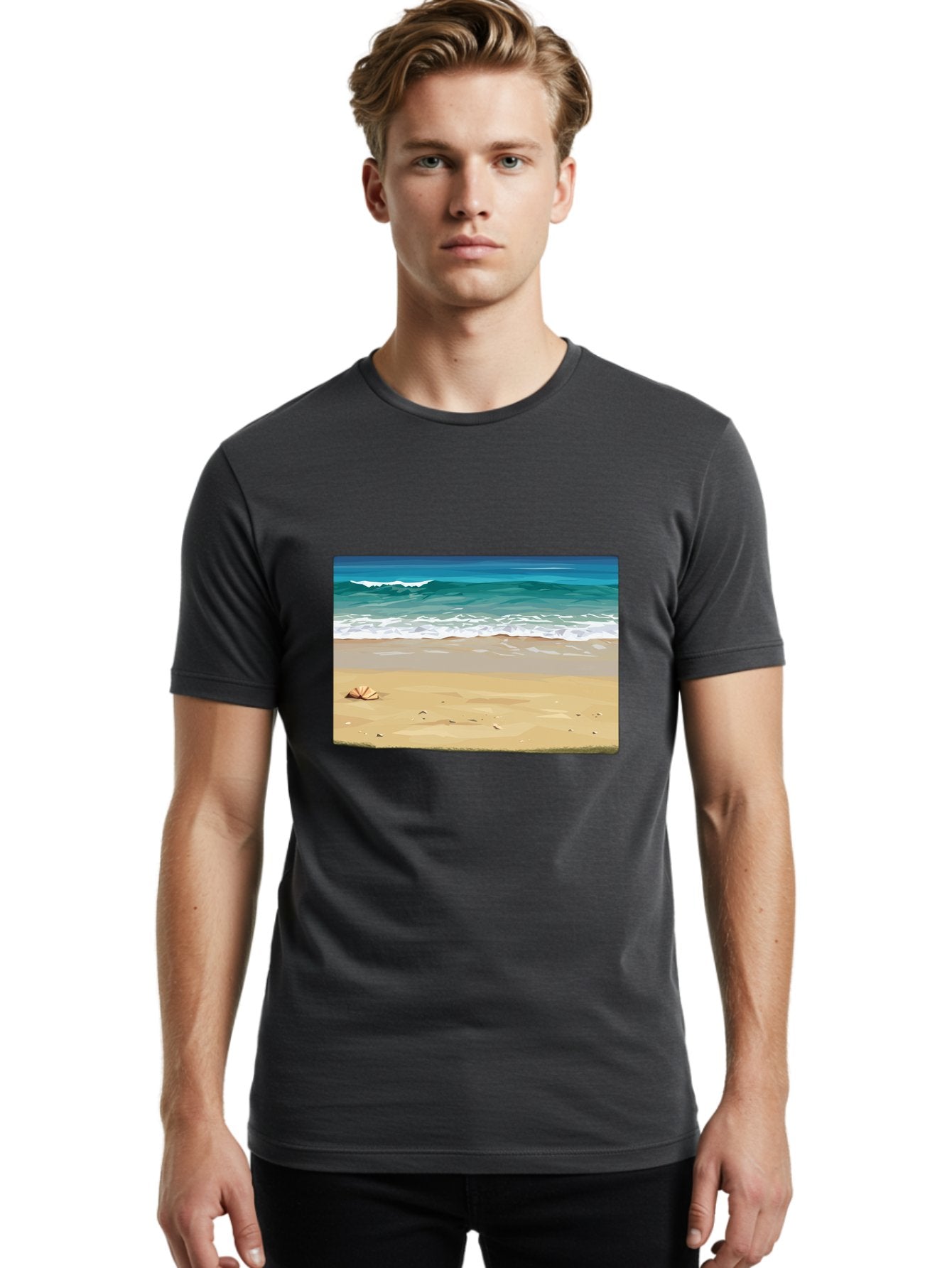 Beach-Scene-2 Men'S Graphic Tee, 100% Cotton, Comfortable Casual Summer Wear, Machine Washable, Vintage Camera, Old Camera, Antique Camera, Black Camera, Classic Photography, Photography Equipment, Nostalgic Device, Film Camera, Camera Art Bak037 23